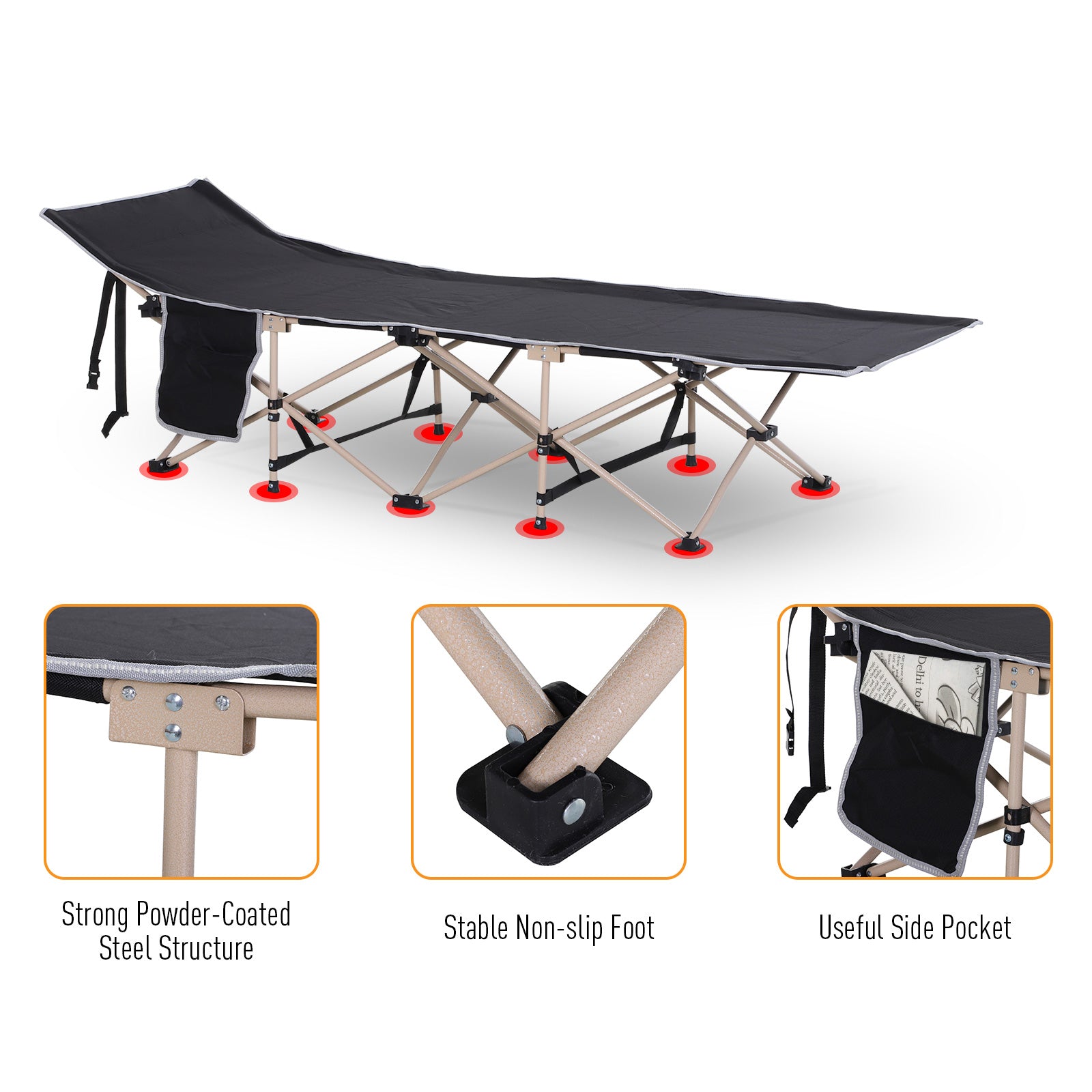Outsunny Single Person Camping Bed Folding Cot Outdoor Patio Portable Military Sleeping Bed Travel Guest Leisure Fishing with Side Pocket and Carry Bag - Black - North Peak Garden Furniture