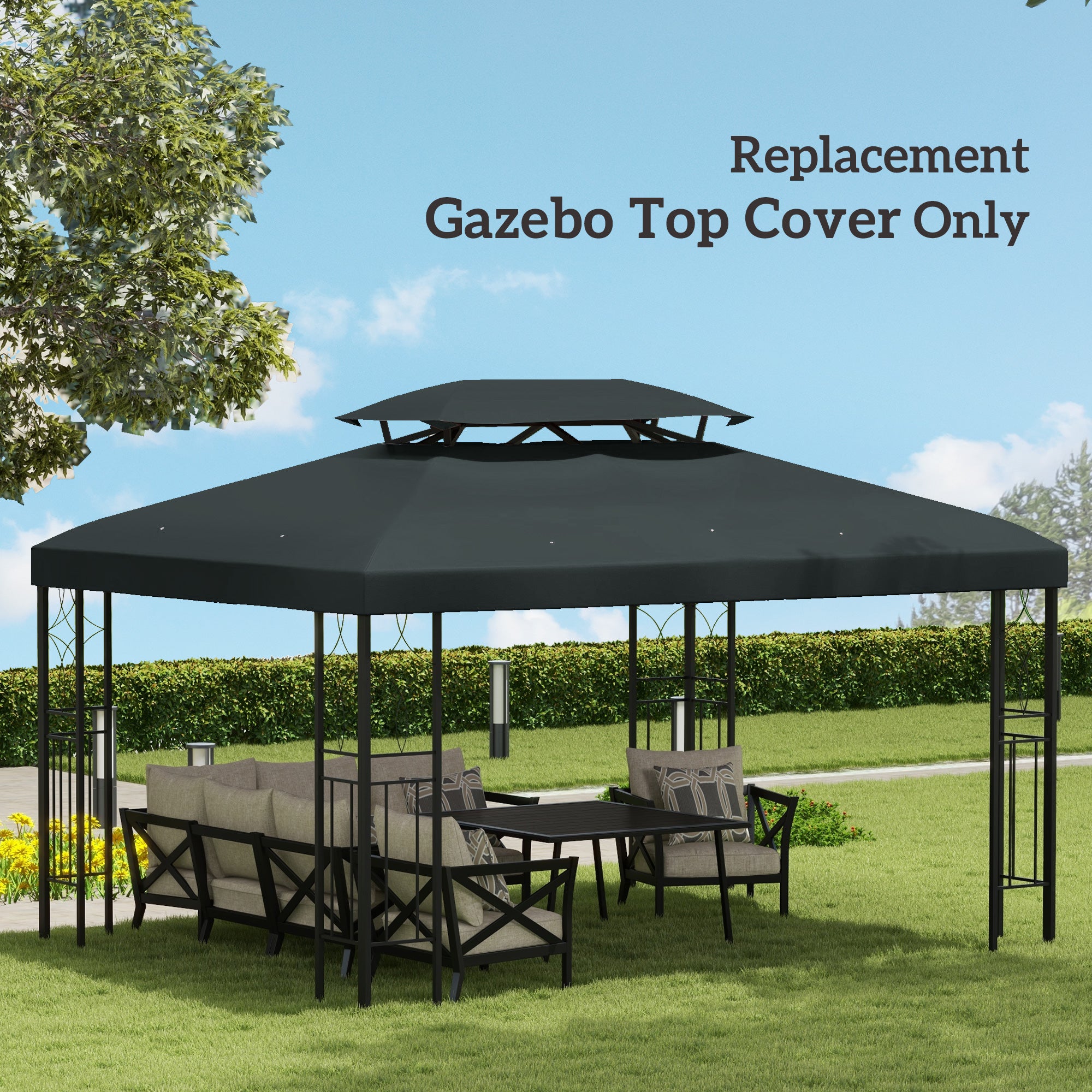 Outsunny 3x4m Gazebo Canopy Replacement Cover, 2 Tier Top Roof UV Cover Garden Patio Outdoor Sun Awning Shelters, Charcoal Grey (TOP COVER ONLY)