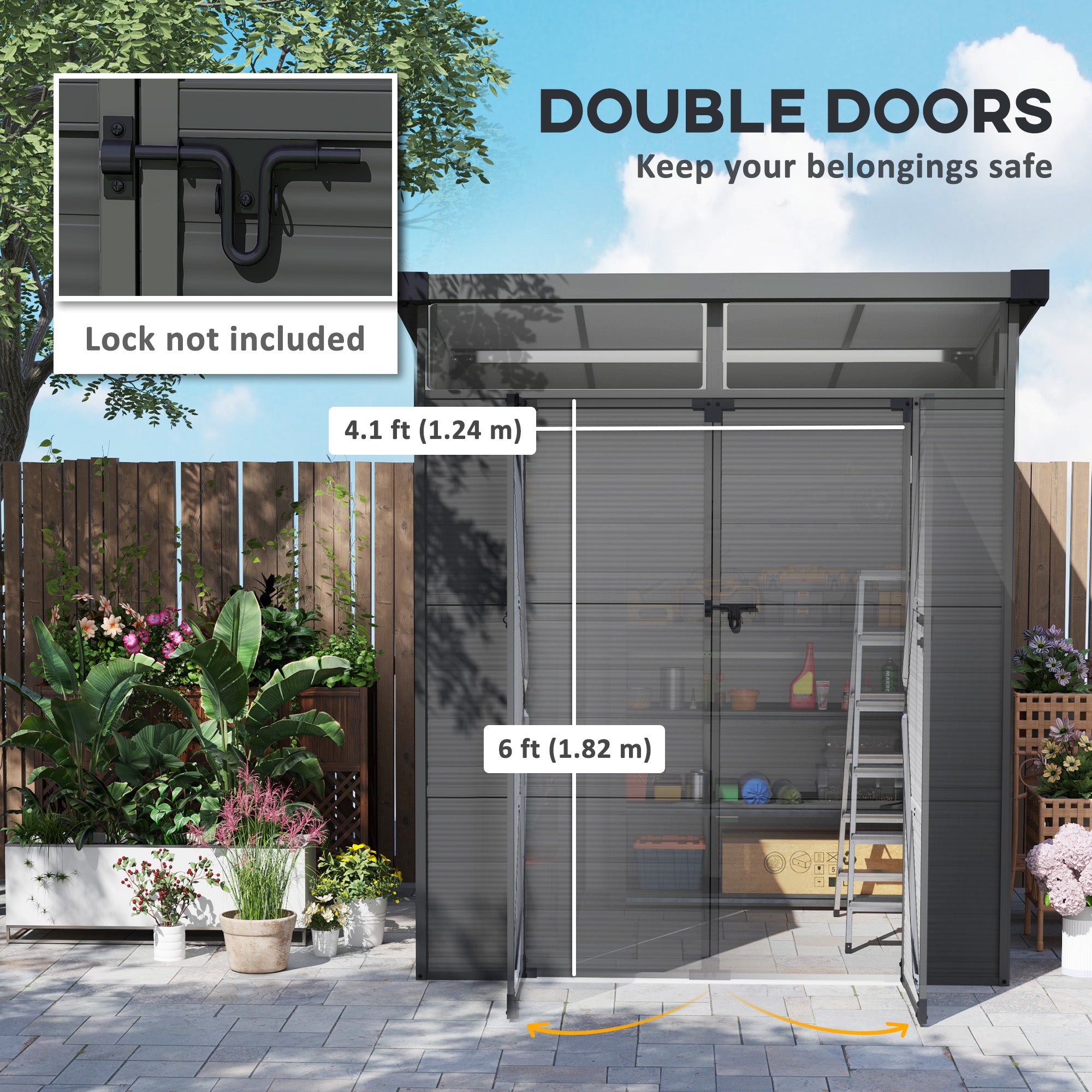 Outsunny 6 x 6ft Outdoor Storage Shed, Plastic Garden Shed with Windows and Air Vents, Outdoor Resin Tool Shed with Latch Doors for Garden, Deck, Dark Grey - North Peak Garden Furniture