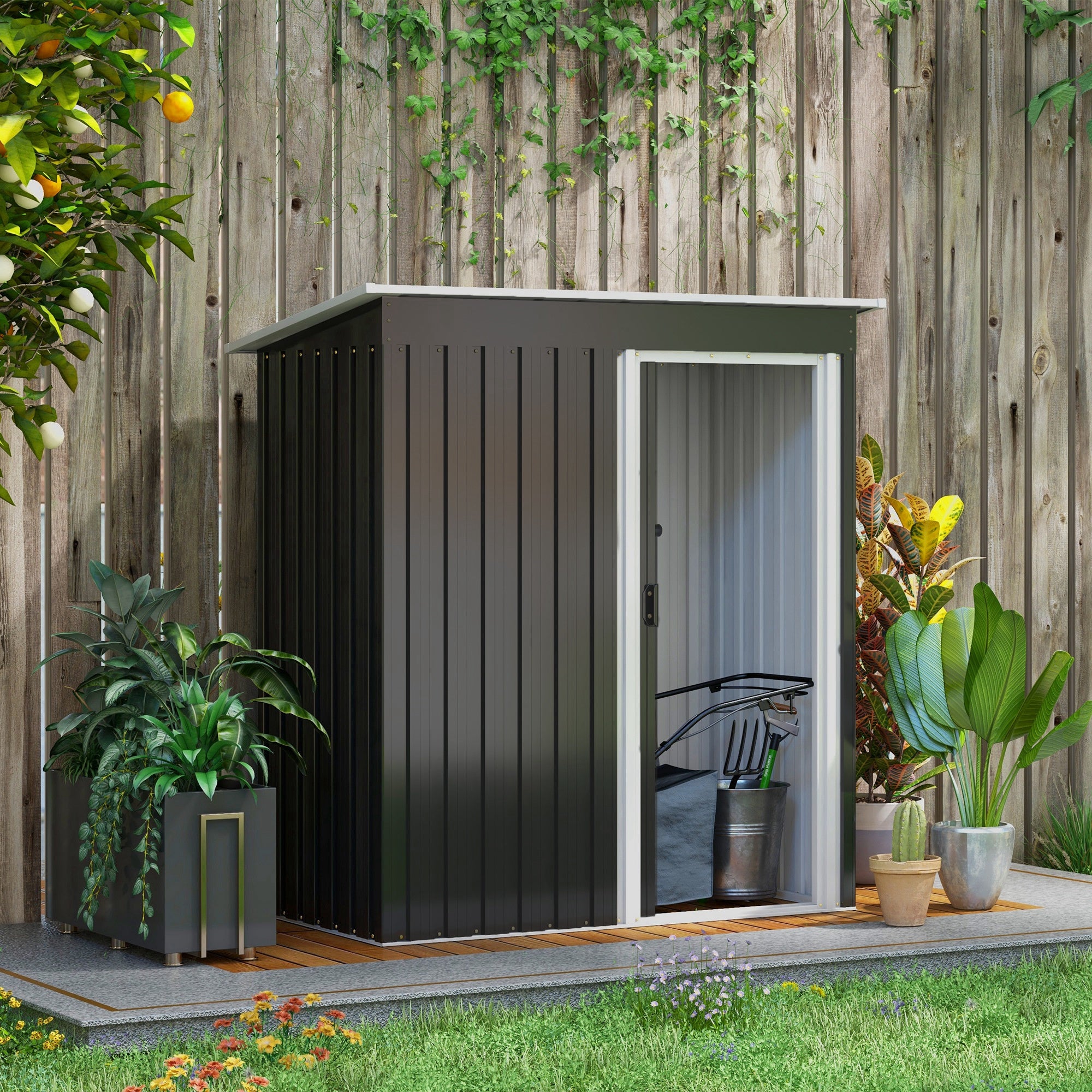 Outsunny 5 x 3ft Garden Storage Shed with Sliding Door and Sloped Roof Outdoor Equipment Tool Backyard, Black - North Peak Garden Furniture
