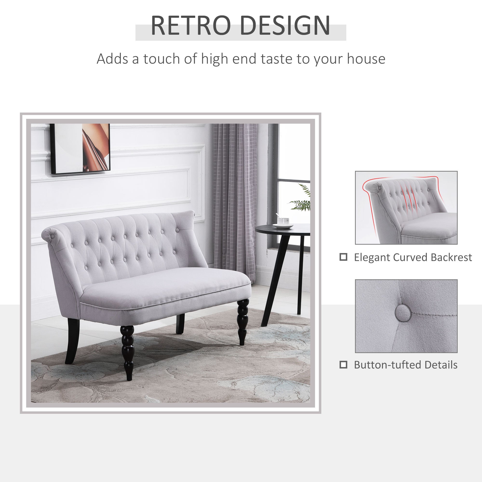 HOMCOM Loveseat with Wood Frame, Compact 2 Seater Sofa, Button Tufted Chaise Lounger with Carved Legs, Vintage Design for Bedroom Living room, Grey - North Peak Garden Furniture