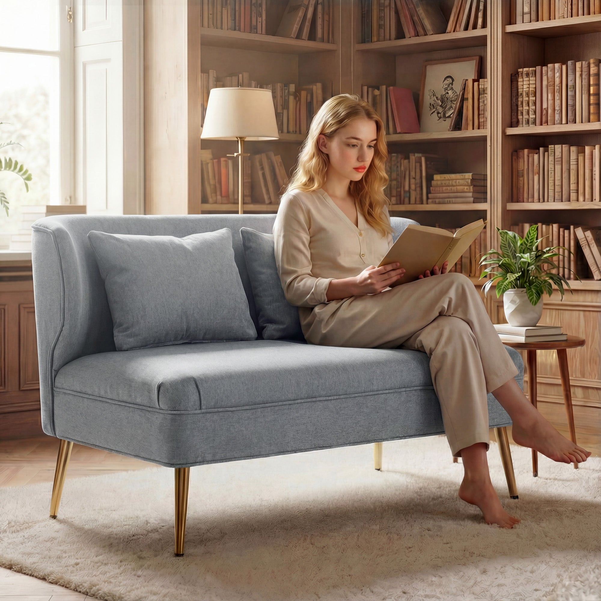 HOMCOM 2 Seater Sofa, Linen-look Fabric Small Sofa with Wing Back, Thick Seat, Metal Legs, Light Grey