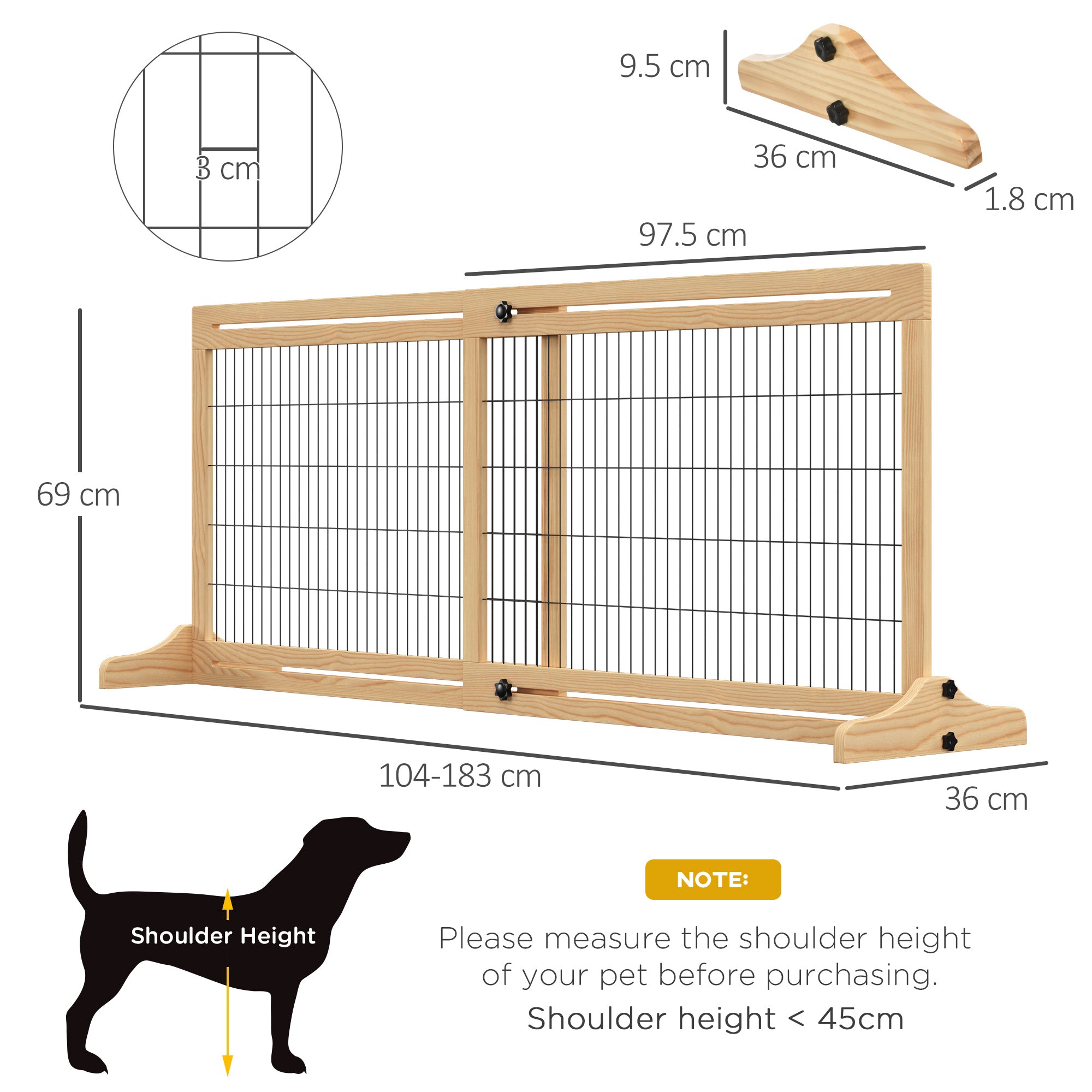 PawHut Freestanding Dog Gate, Foldable Pet Fence, Indoor Wood Barrier, Stair Gate with Support Feet, for Doorway, Hallway, Small and Medium Dogs, 69H x 104-183 cm, Natural Wood Effect - North Peak Garden Furniture