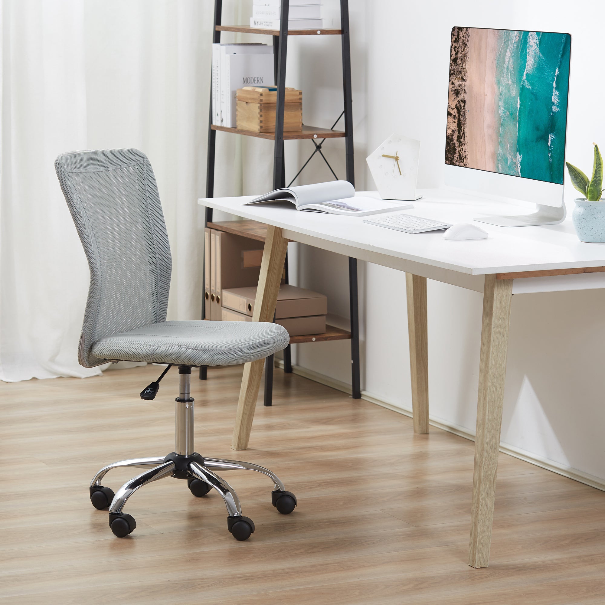 Vinsetto Office Chair, Armless Desk Chair, Adjustable Computer Swivel Chair with Rolling Wheels and Mesh Back for Home Work Study, Grey - North Peak Garden Furniture