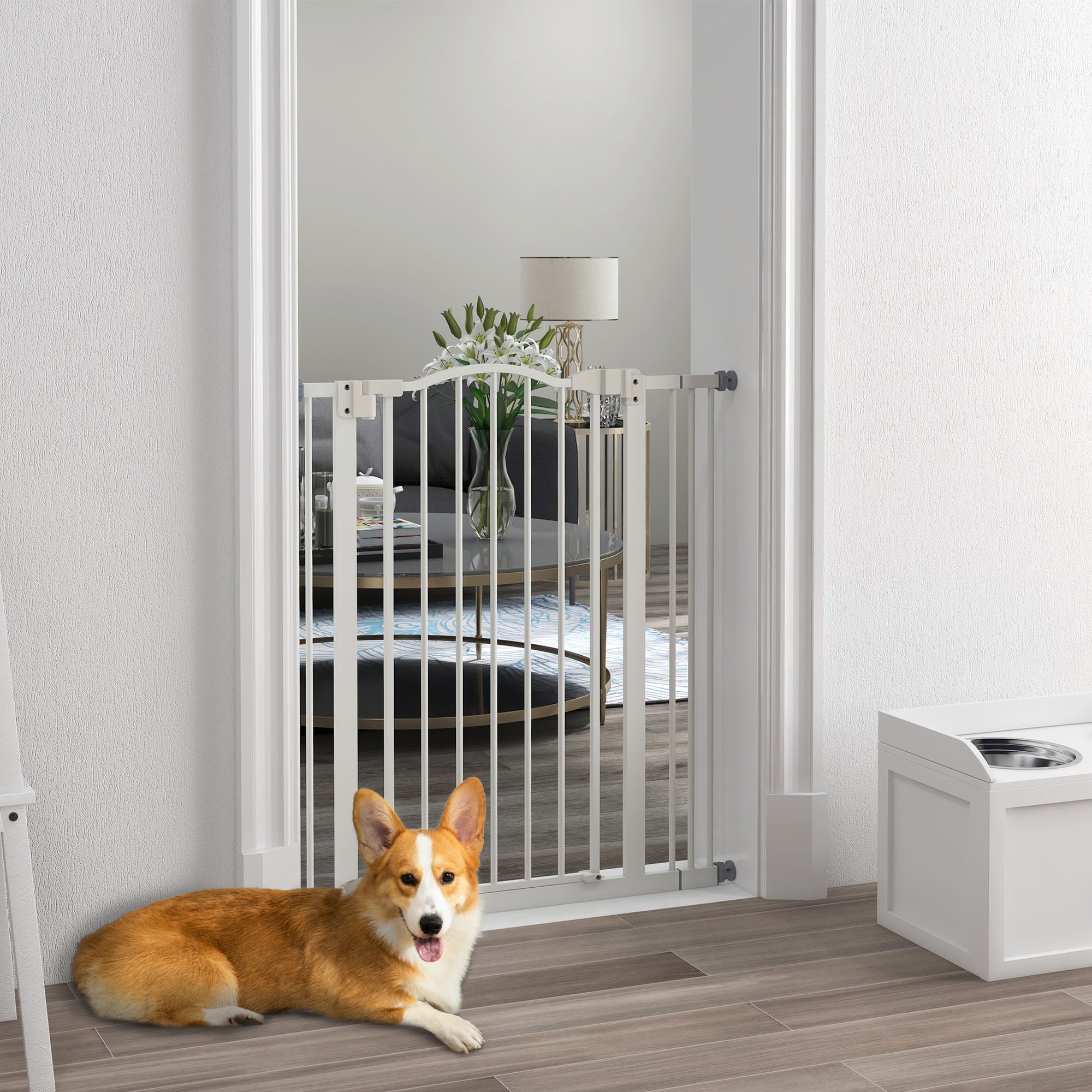 PawHut Metal Pet Safety Gate Dog Gate Folding Fence 74-87cm, White - North Peak Garden Furniture