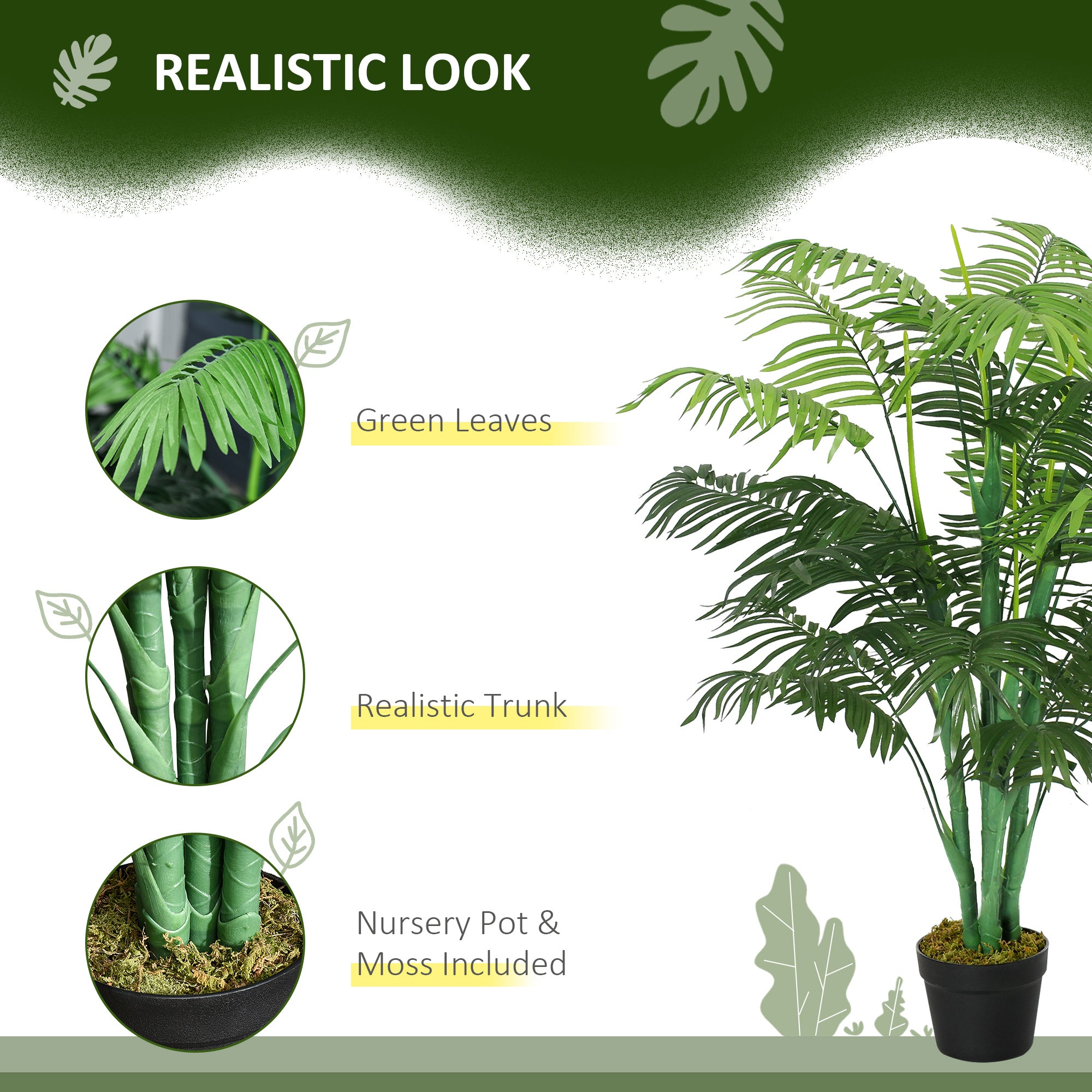 Outsunny Artificial Palm Tree, 125cm/4FT, Decorative Fake Plant with 18 Leaves, Nursery Pot, Plastic for Indoor Outdoor, Green