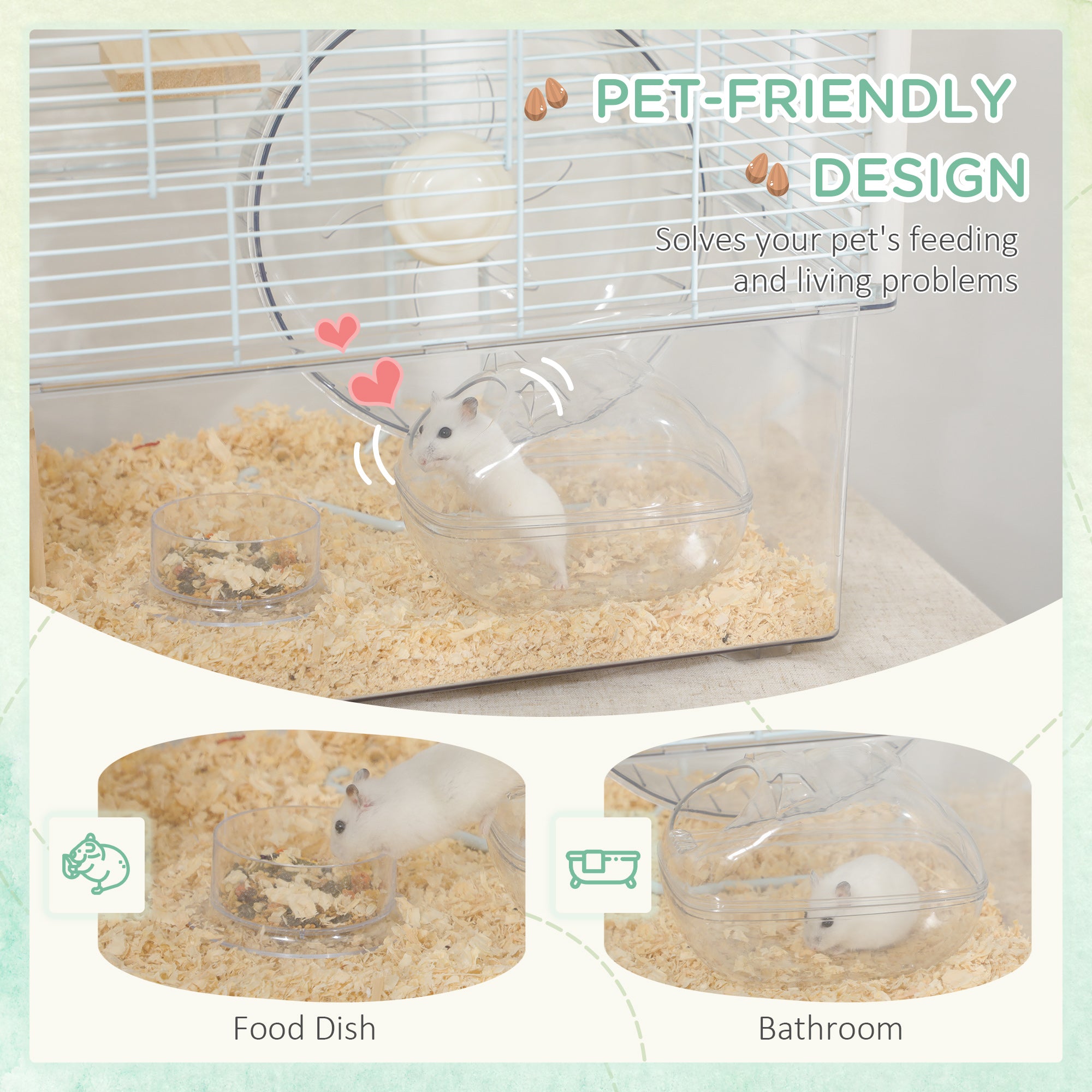 PawHut Hamster Cage, Gerbil Cage with Wooden Ramp, Exercise Wheel, Food Bowl - White - North Peak Garden Furniture