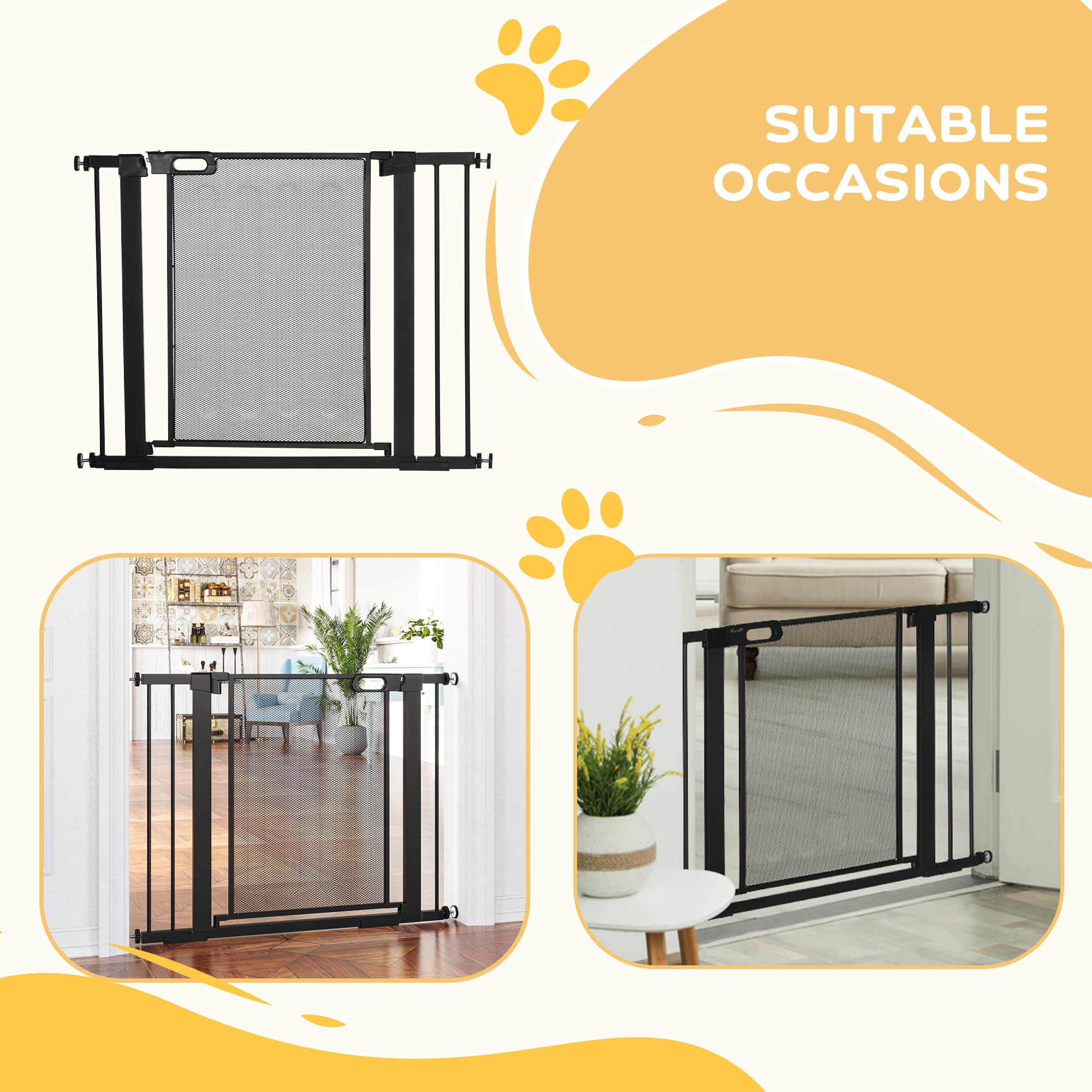 PawHut Pressure Fit Safety Gate, for Staircases, Hallways, Doorways w/ Extensions Kit, 75-103CM Adjustable Width - Black - North Peak Garden Furniture