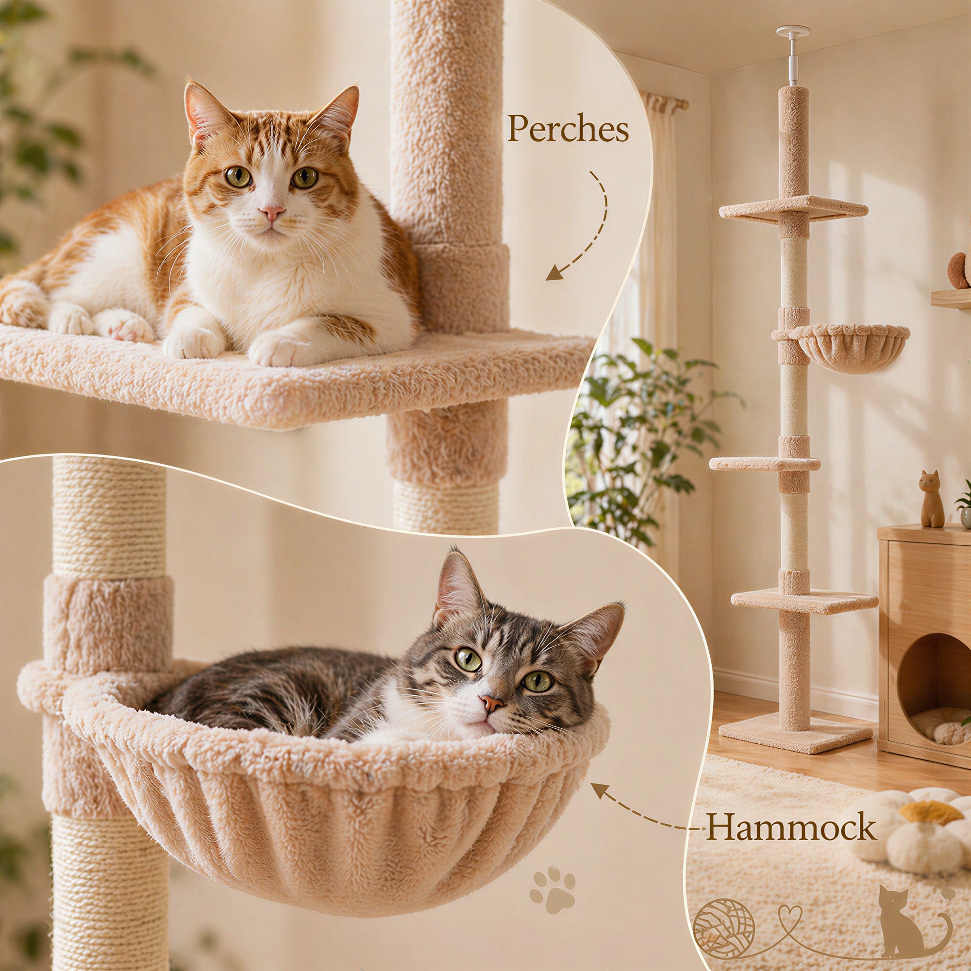 PawHut Floor to Ceiling Cat Tree for Indoor Cats 5-Tier Kitty Tower Climbing Activity Center Scratching Post Adjustable Height 230-260 cm Beige