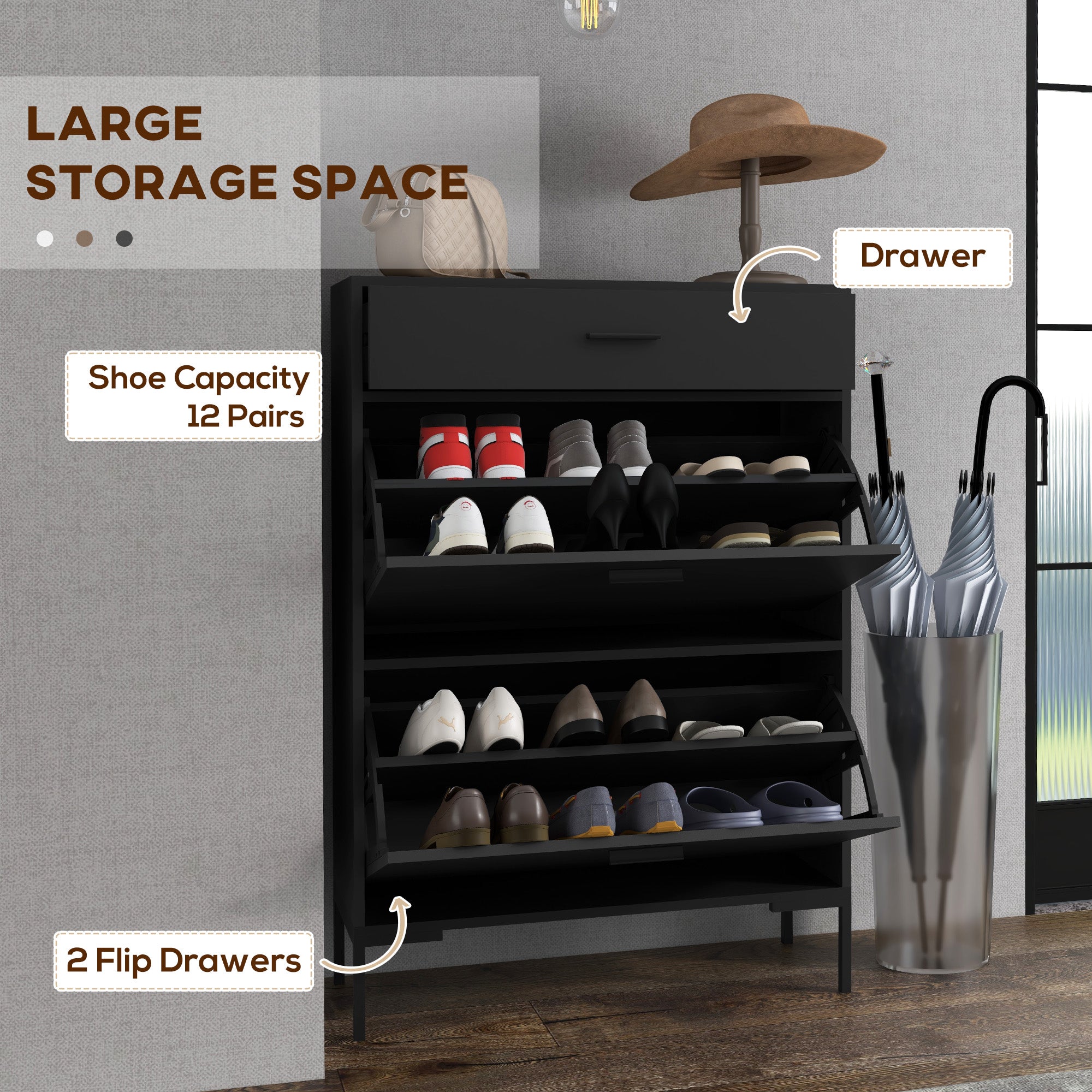 HOMCOM Three Drawer Slim Shoe Storage Cabinet, 12 Shoe Pairs - Black