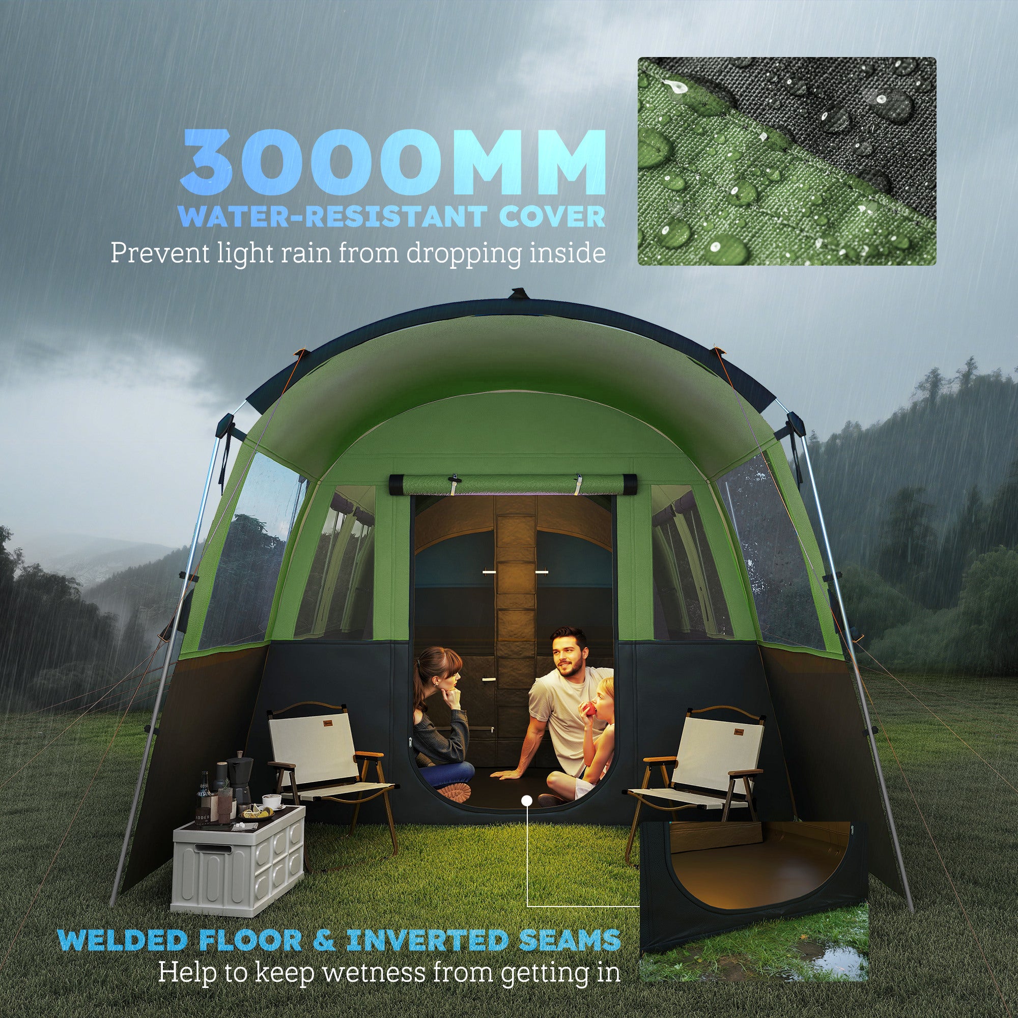 Outsunny 8-Person Camping Tent, Waterproof Family Tent, Tunnel Design, 4 Large Windows, Sleeping Cabins 3000mm Water Column Green - North Peak Garden Furniture