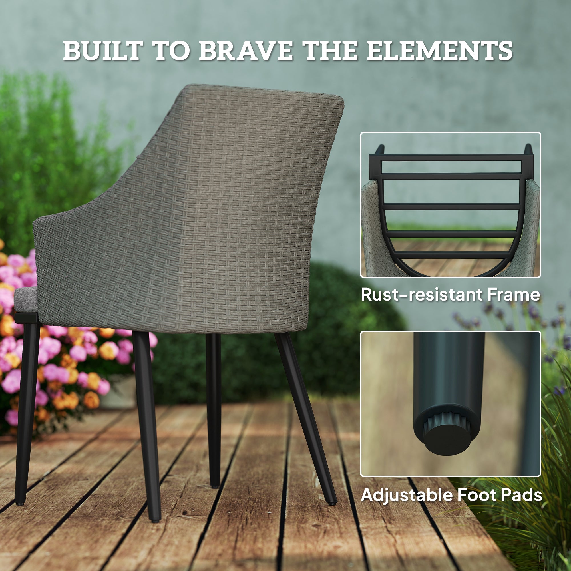 Outsunny 6 Seater Rattan Dining Set with Cushions, Garden Furniture Set with Armchairs, Rectangle Slatted Table Top, Steel Frame, Parasol Hole, Wicker Outdoor Furniture for Patio, Balcony, Grey - North Peak Garden Furniture