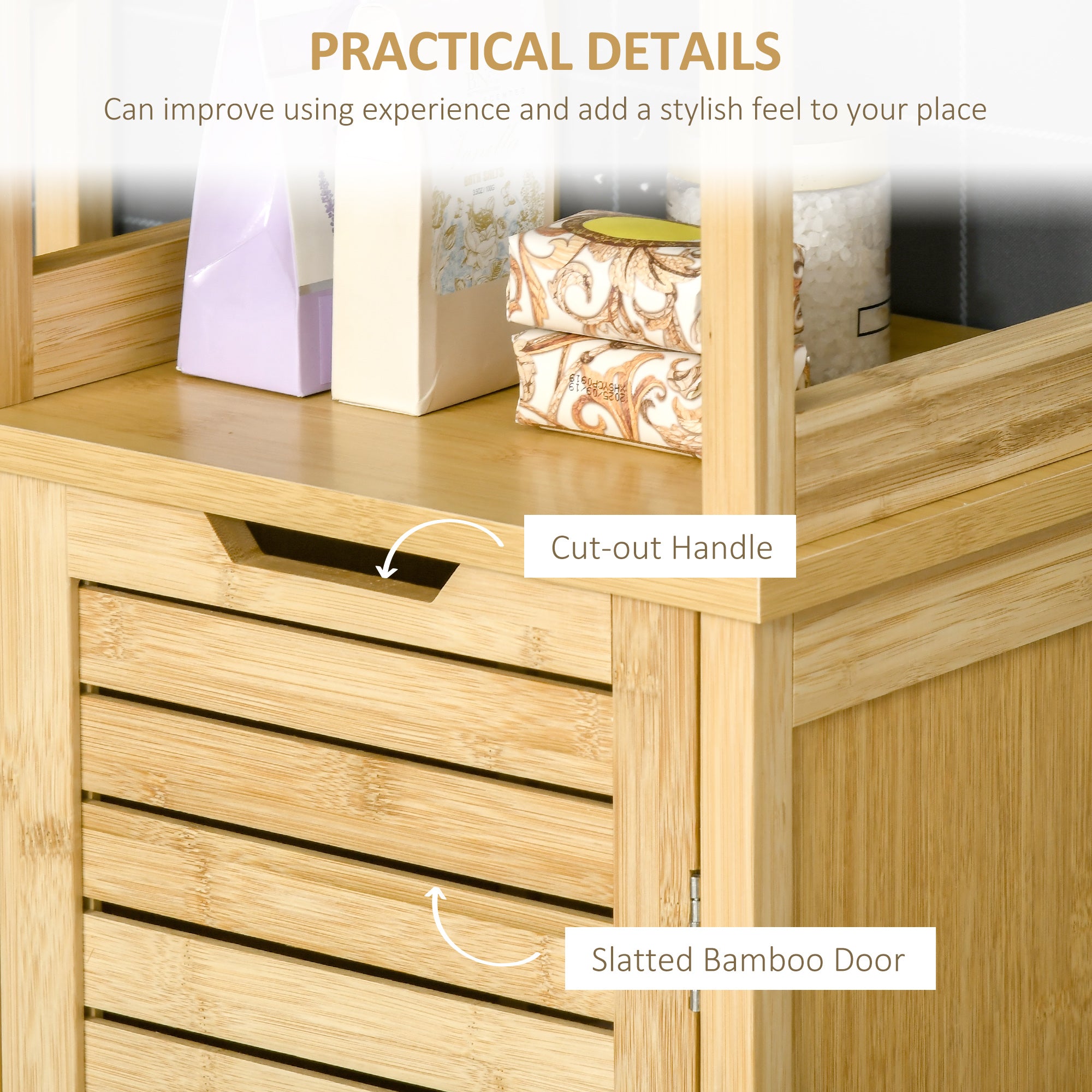 kleankin Bathroom Floor Cabinet with 3 Shelves, Slim Storage Cupboard and Freestanding Organiser, Natural - North Peak Garden Furniture