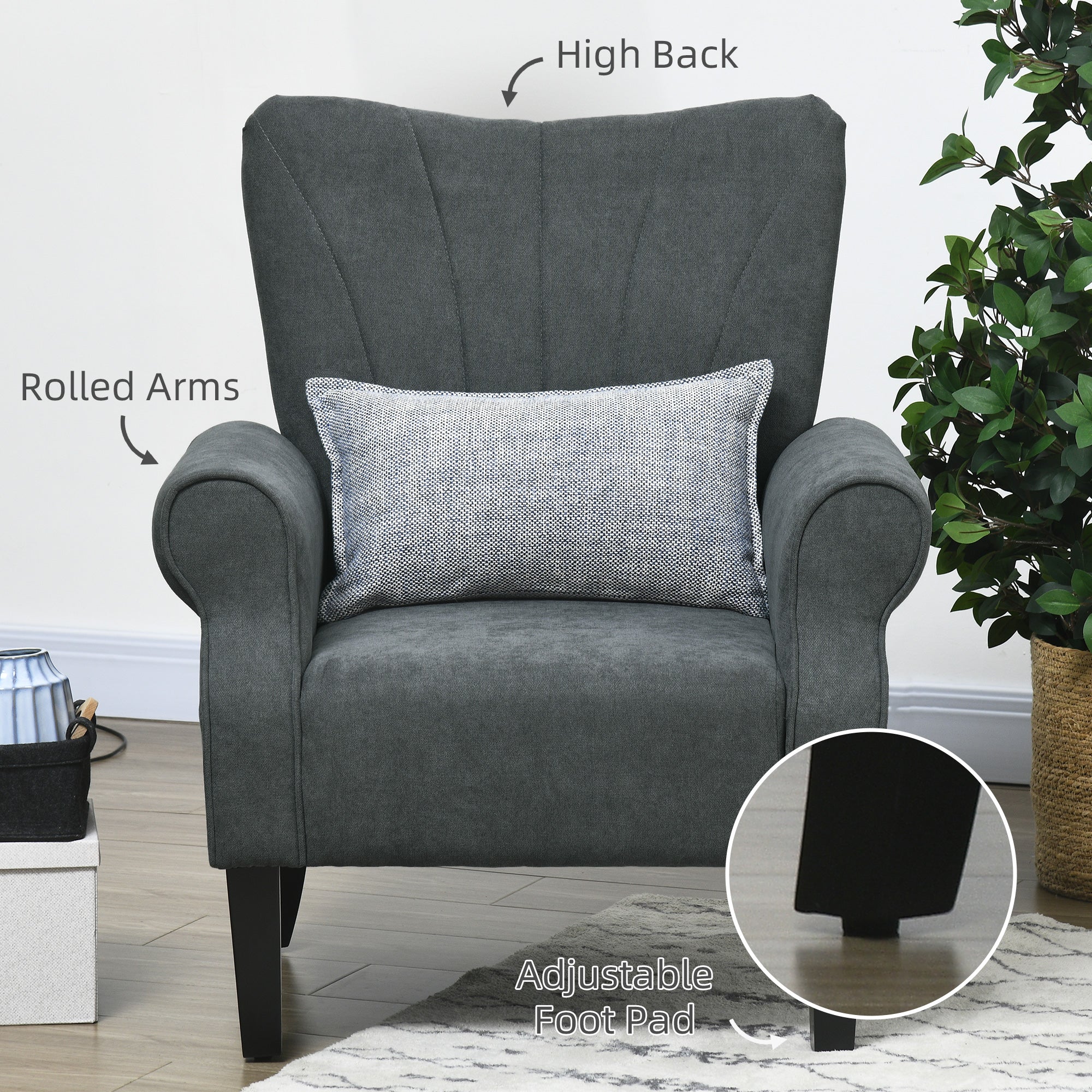 HOMCOM Upholstered Accent Chair with High Back, Rolled Arms and Wood Legs, Soft Thick Padded Armchair, Grey - North Peak Garden Furniture