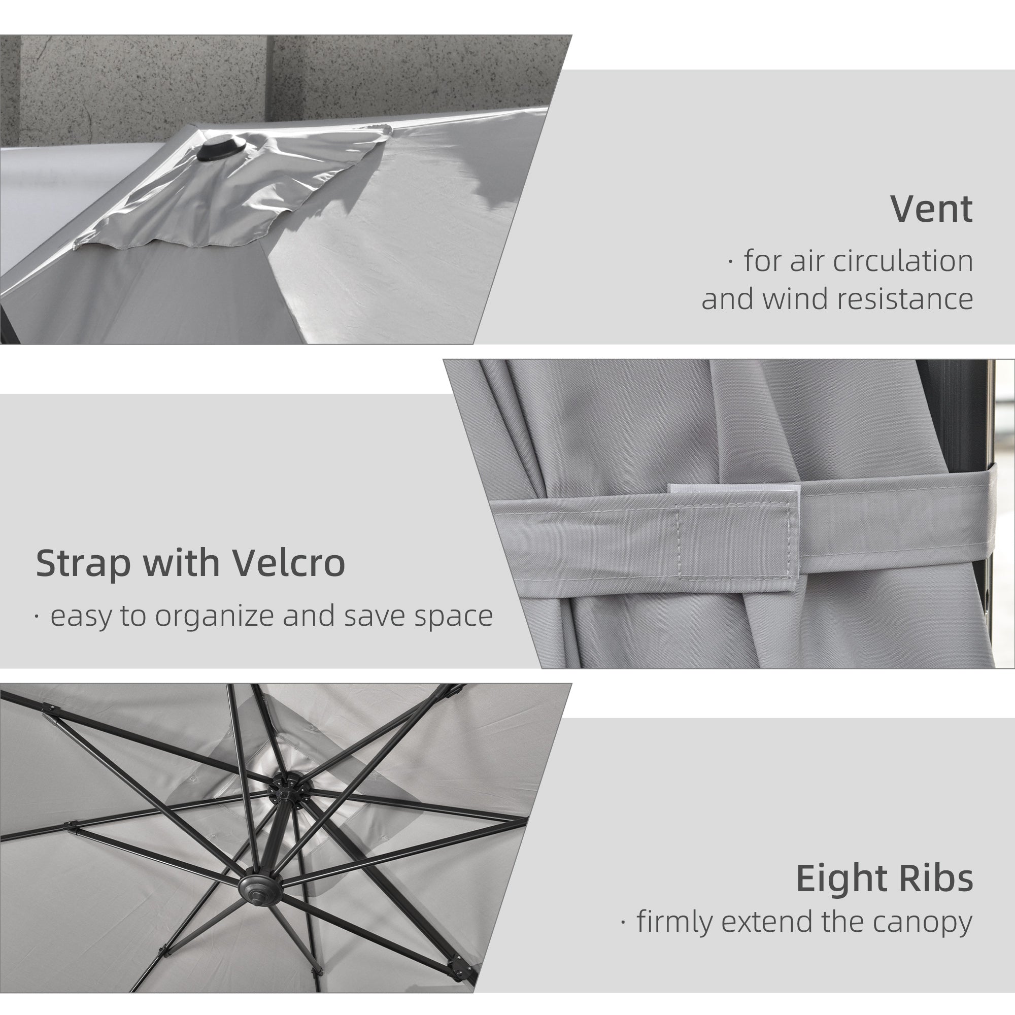 Outsunny 2.7 x 2.7 m Cantilever Parasol, Square Overhanging Umbrella with Cross Base, Crank Handle, Tilt, 360° Rotation and Aluminium Frame, Grey - North Peak Garden Furniture
