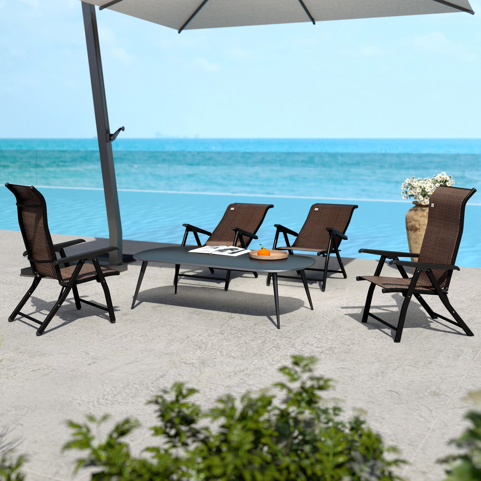 Outsunny Set of Four Folding Garden Chairs, with Seven-Position Adjustable Backs, Dark Brown - North Peak Garden Furniture