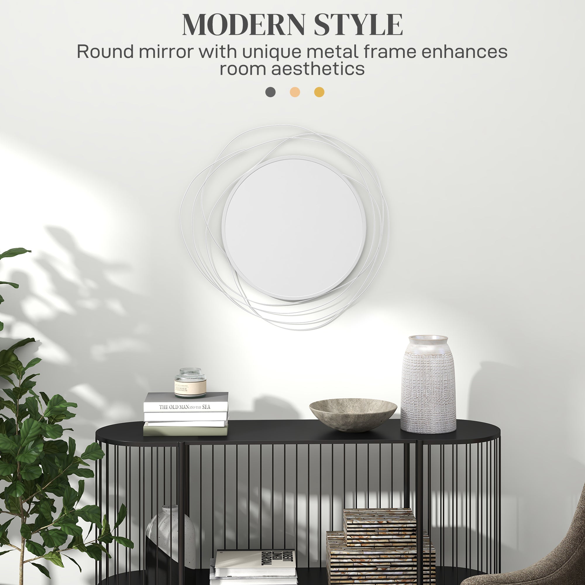HOMCOM Abstract Metal Wire Wall Mirror, with Accessories - Silver - North Peak Garden Furniture