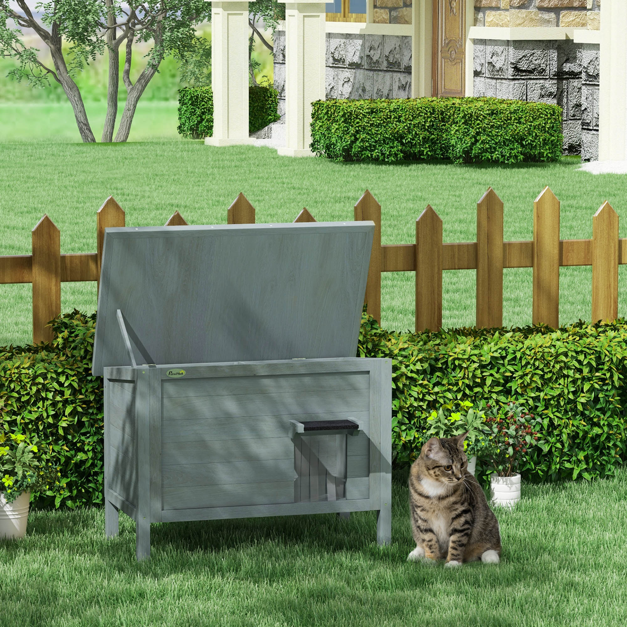 PawHut Feral Cat House, Wooden Insulated with Removable Floor, Water-Resistant Openable Roof - Charcoal Grey - North Peak Garden Furniture