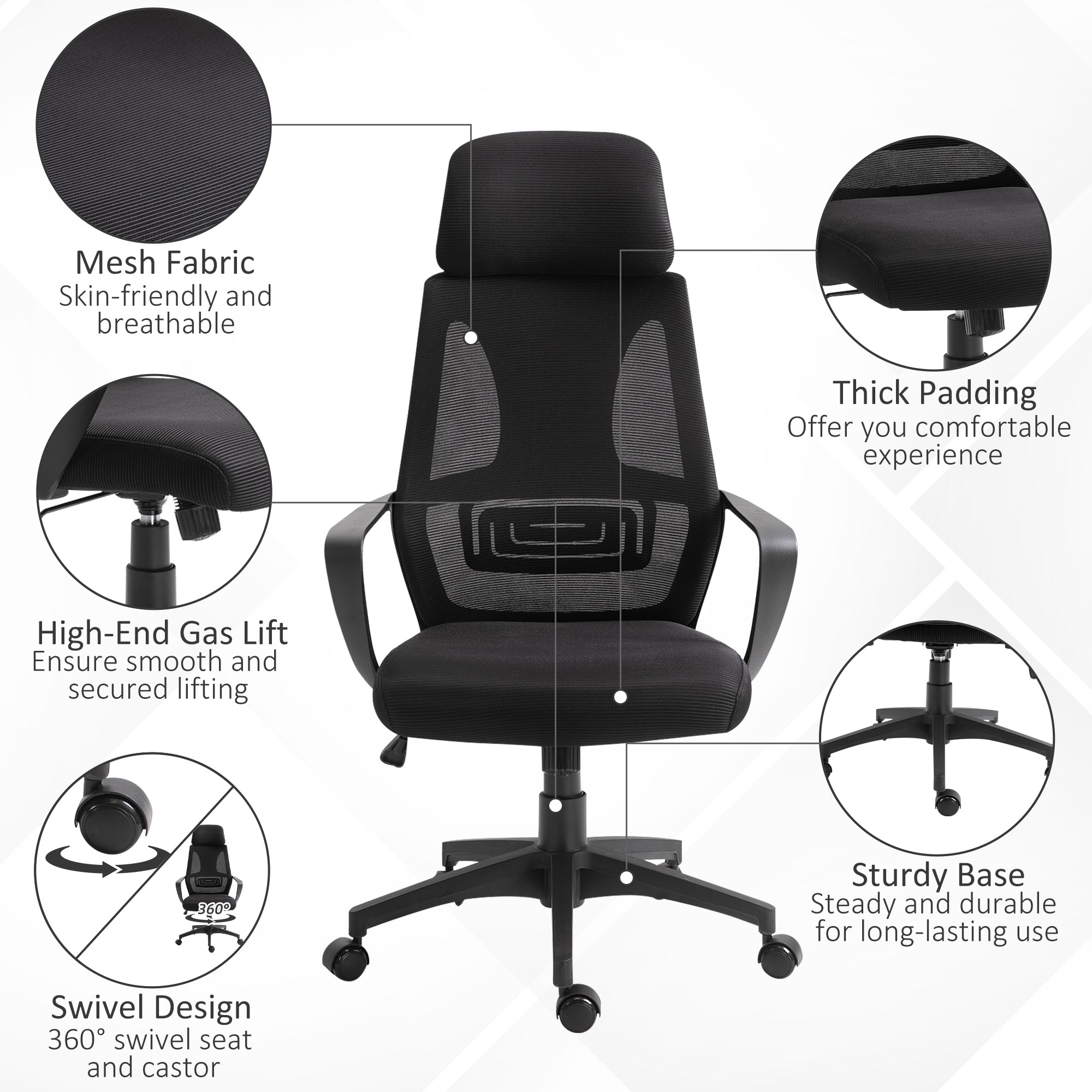 Vinsetto Ergonomic Office Chair, High Back Computer Chair, Mesh Desk Chair with Lumbar Support, Headrest, Wheel, Adjustable Height, Black - North Peak Garden Furniture