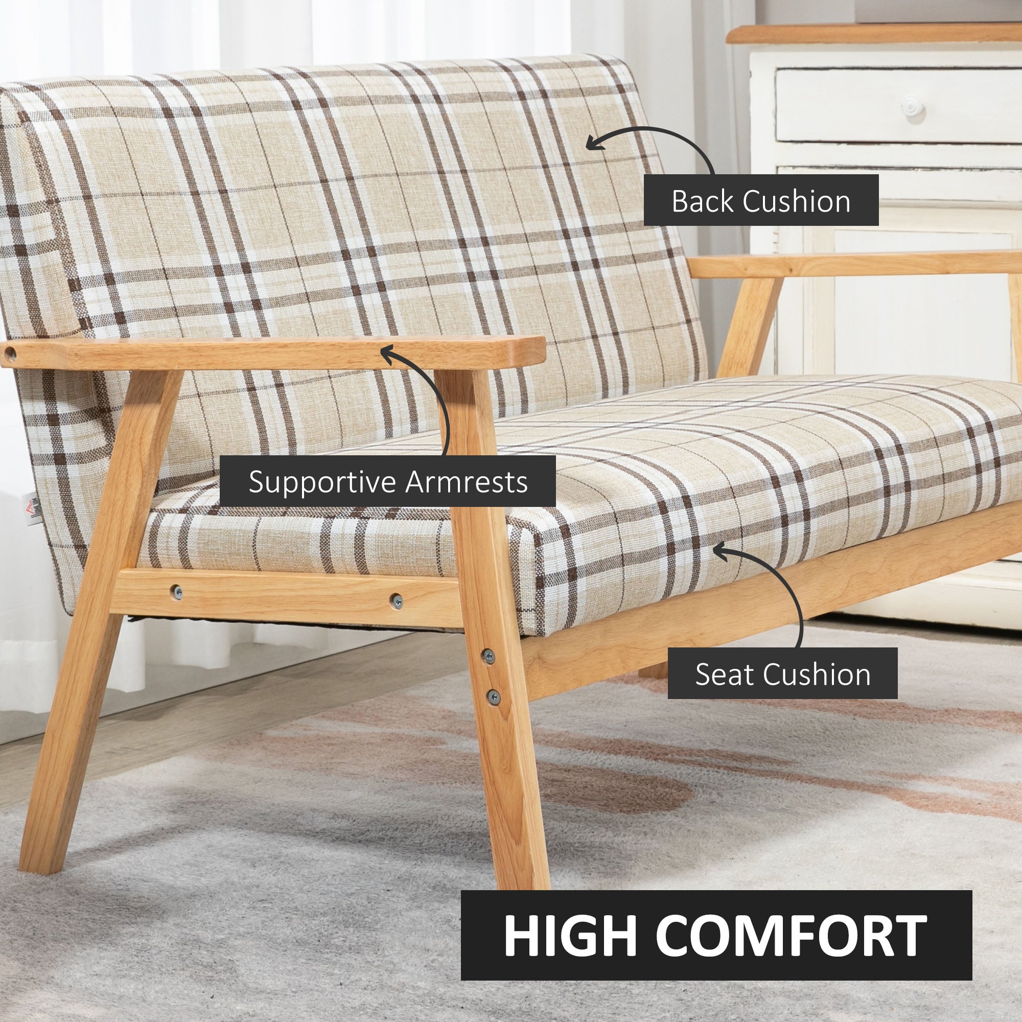 HOMCOM Compact Loveseat Couch Double Seat Sofa with Lattice Pattern and Rubber Wood Frame Beige and Coffee - North Peak Garden Furniture
