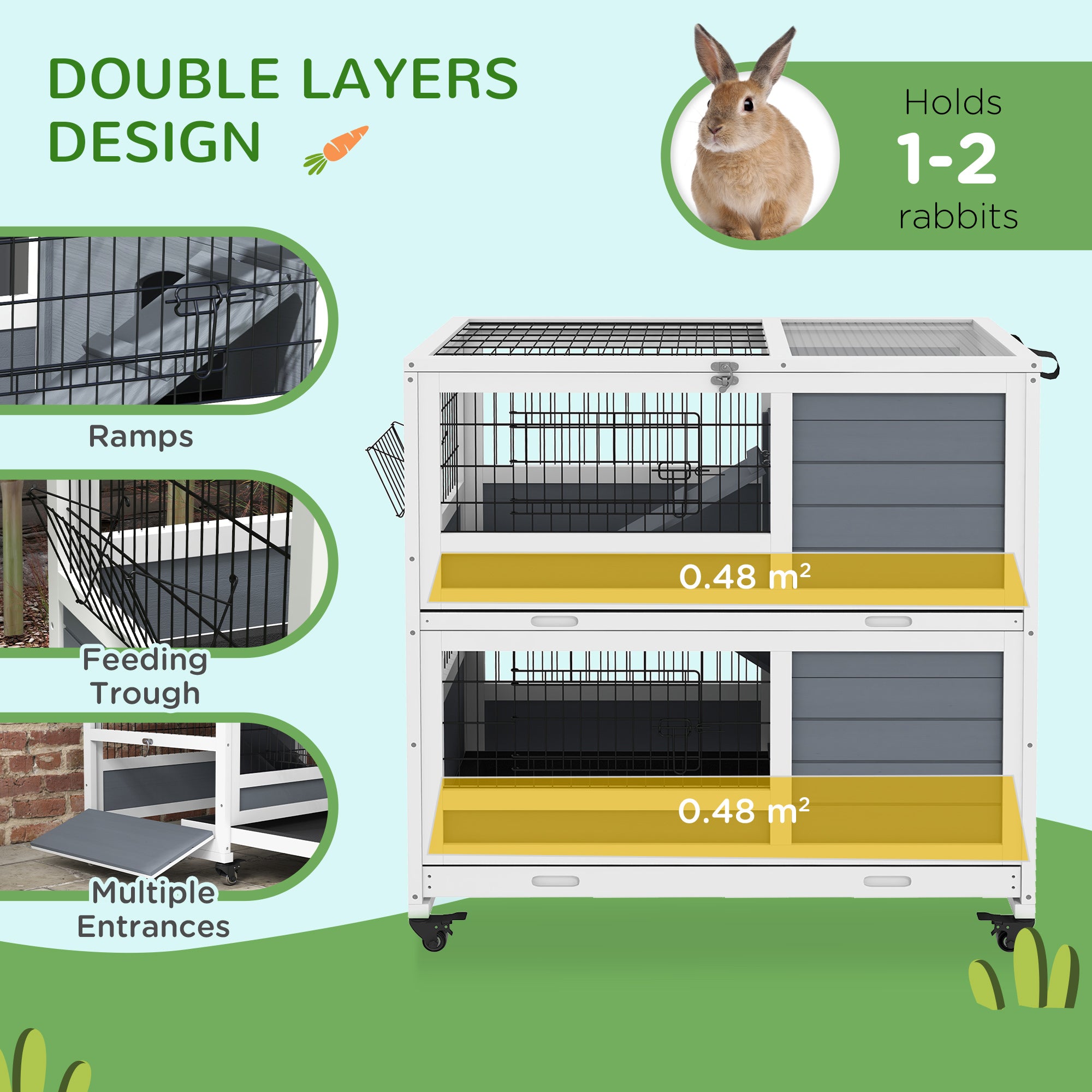 PawHut Double Deckers Guinea Pig Cage, Indoor Rabbit Hutch with Feeding Trough, Trays, Ramps, Openable Top - Grey