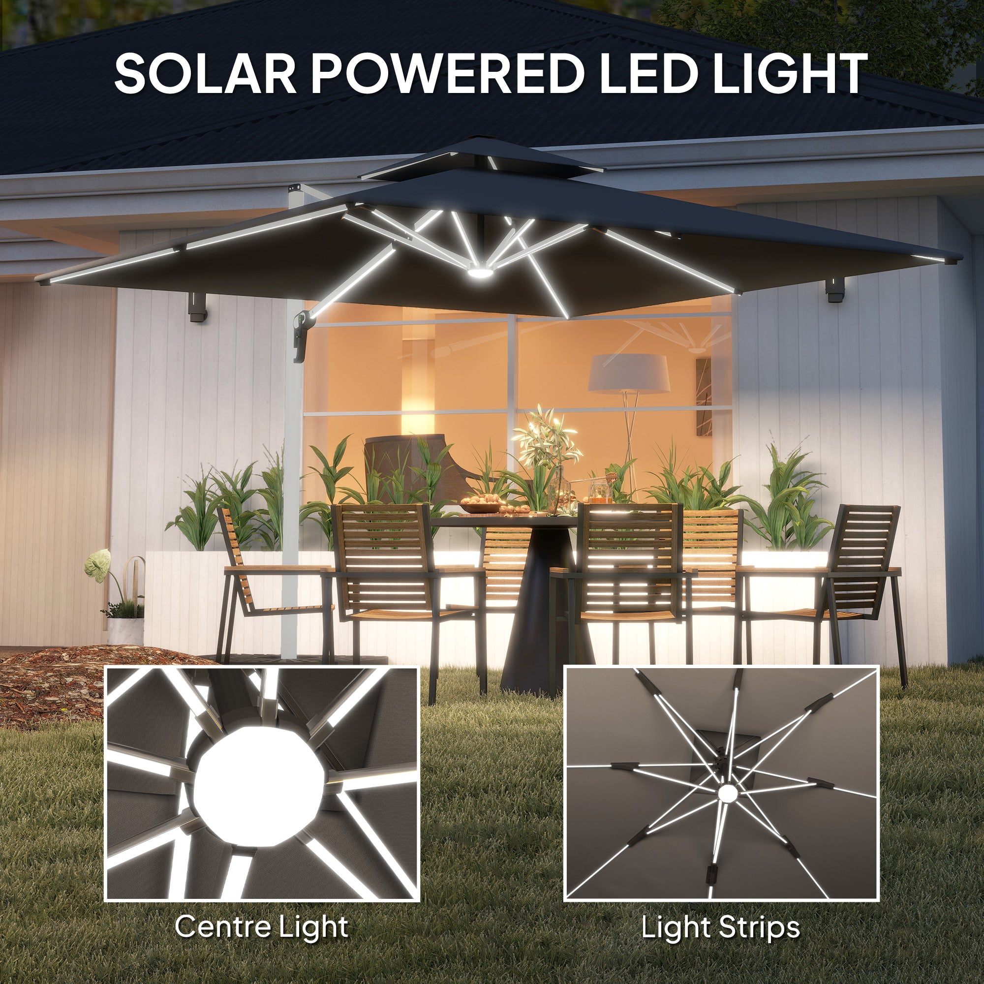 Outsunny 3(m) Garden Cantilever Parasol with Solar LED Lights, Cross Base, 360° Rotation, Crank Handle and Tilt, Grey - North Peak Garden Furniture