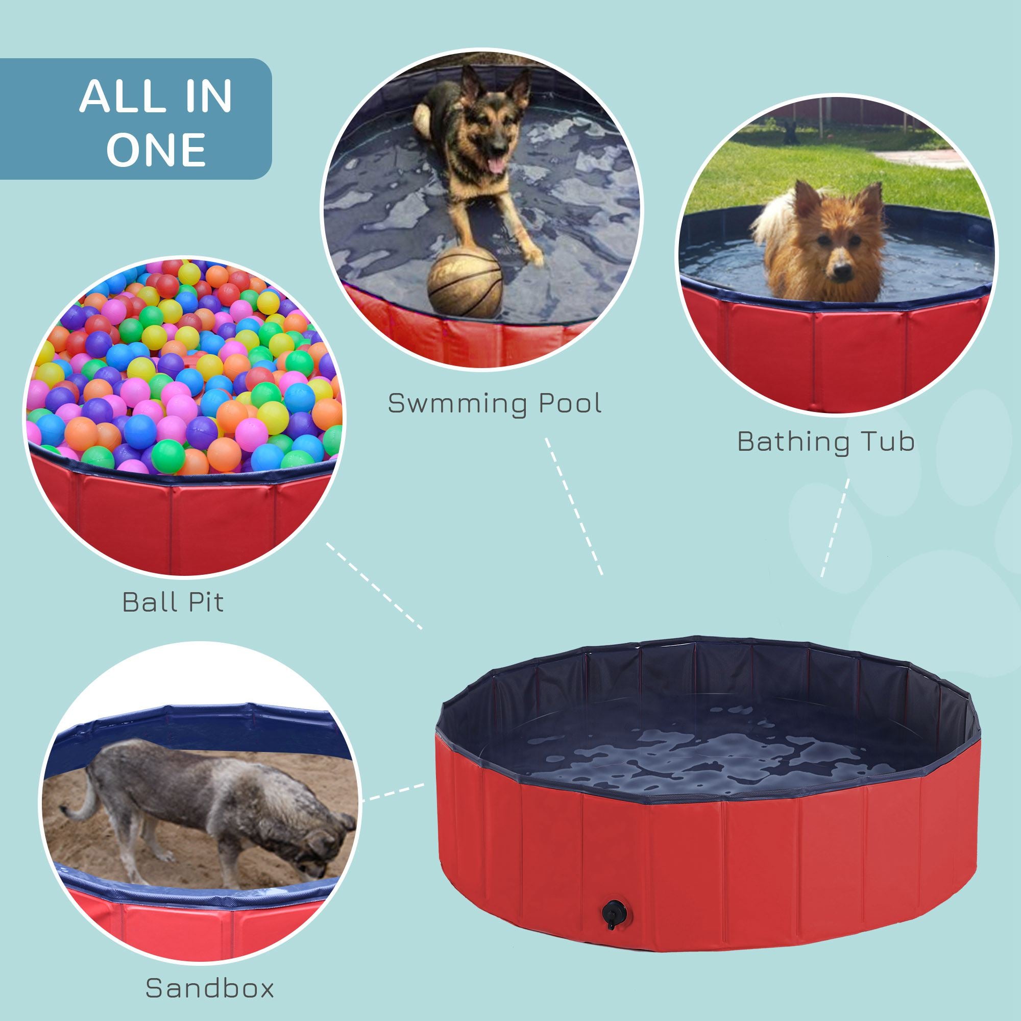 PawHut Pet Swimming Pool, Foldable, 120 cm Diameter-Red