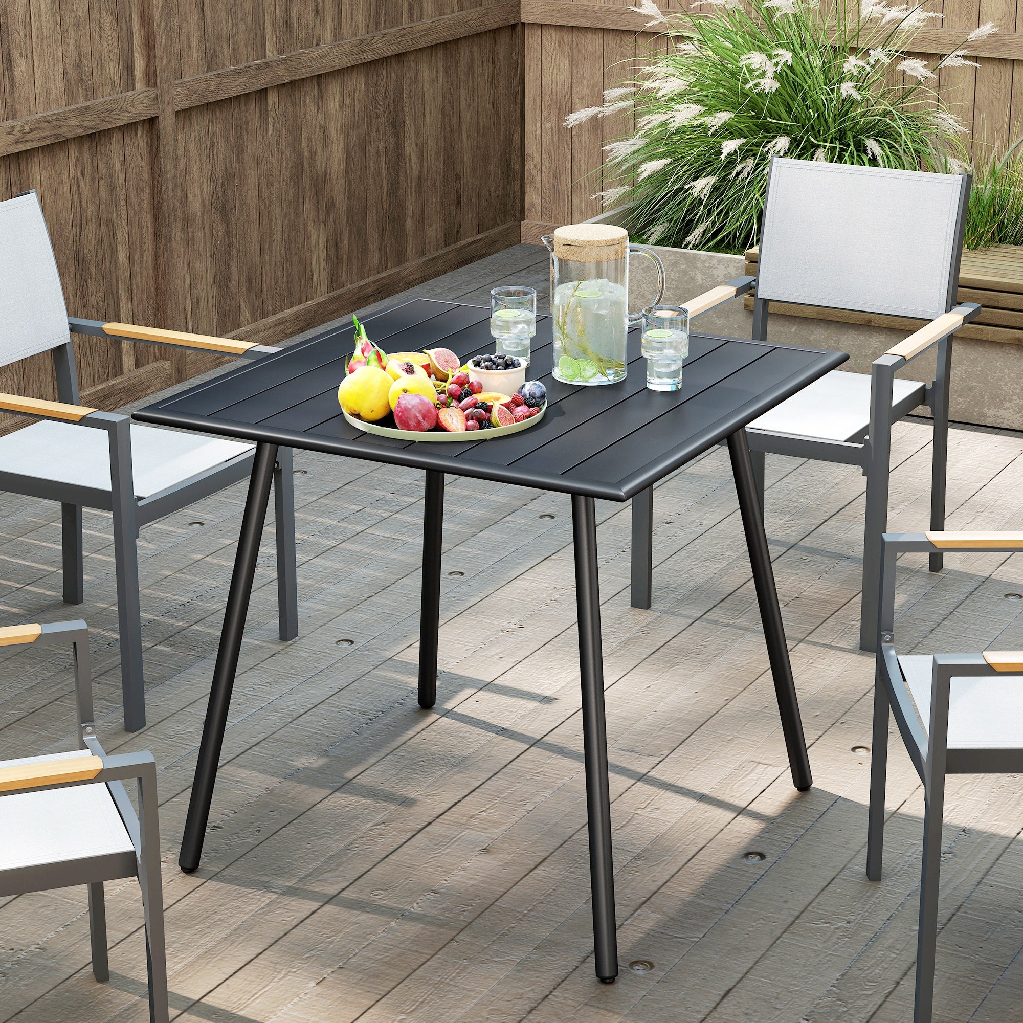 Outsunny Square Garden Table with Slat Top, Steel Frame, Outdoor Table for 4 Person, 80 x 80 x 74 cm, Black - North Peak Garden Furniture