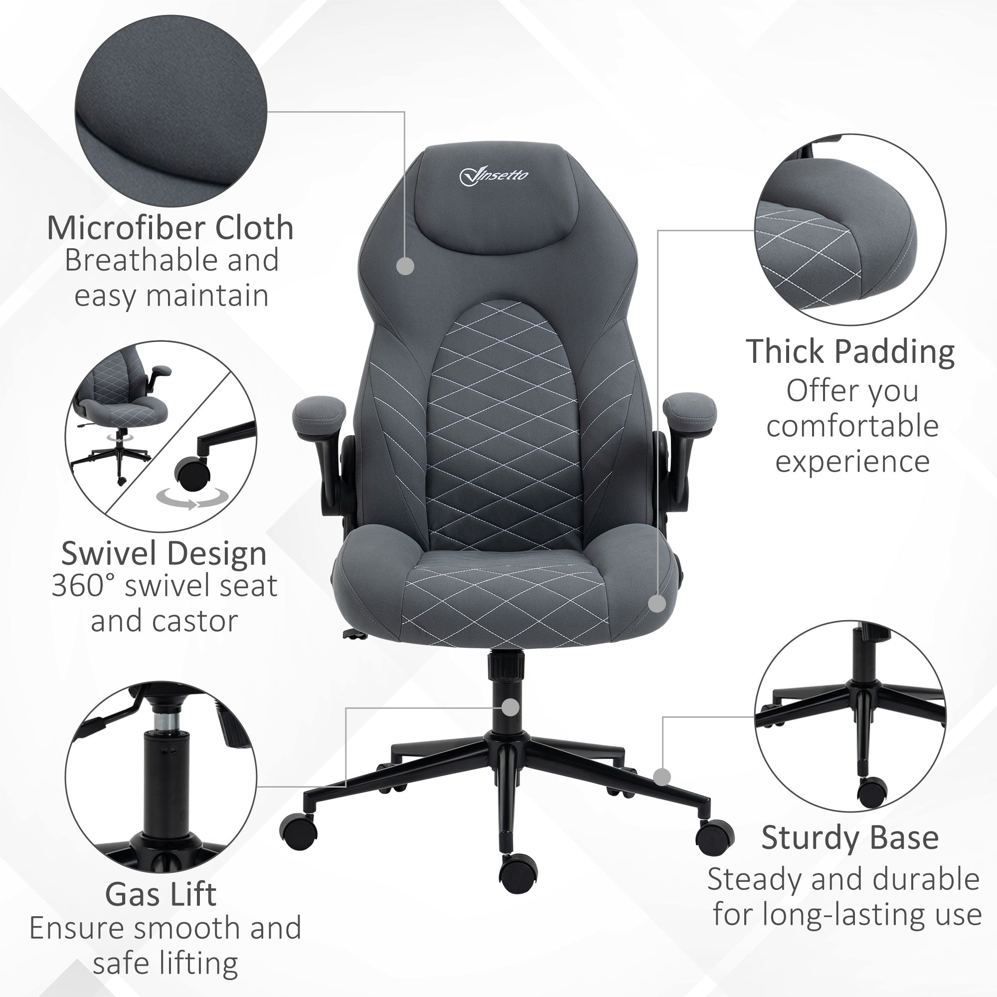 Vinsetto Home Office Desk Chair, Computer Chair with Flip Up Armrests, Swivel Seat and Tilt Function, Dark Grey - North Peak Garden Furniture