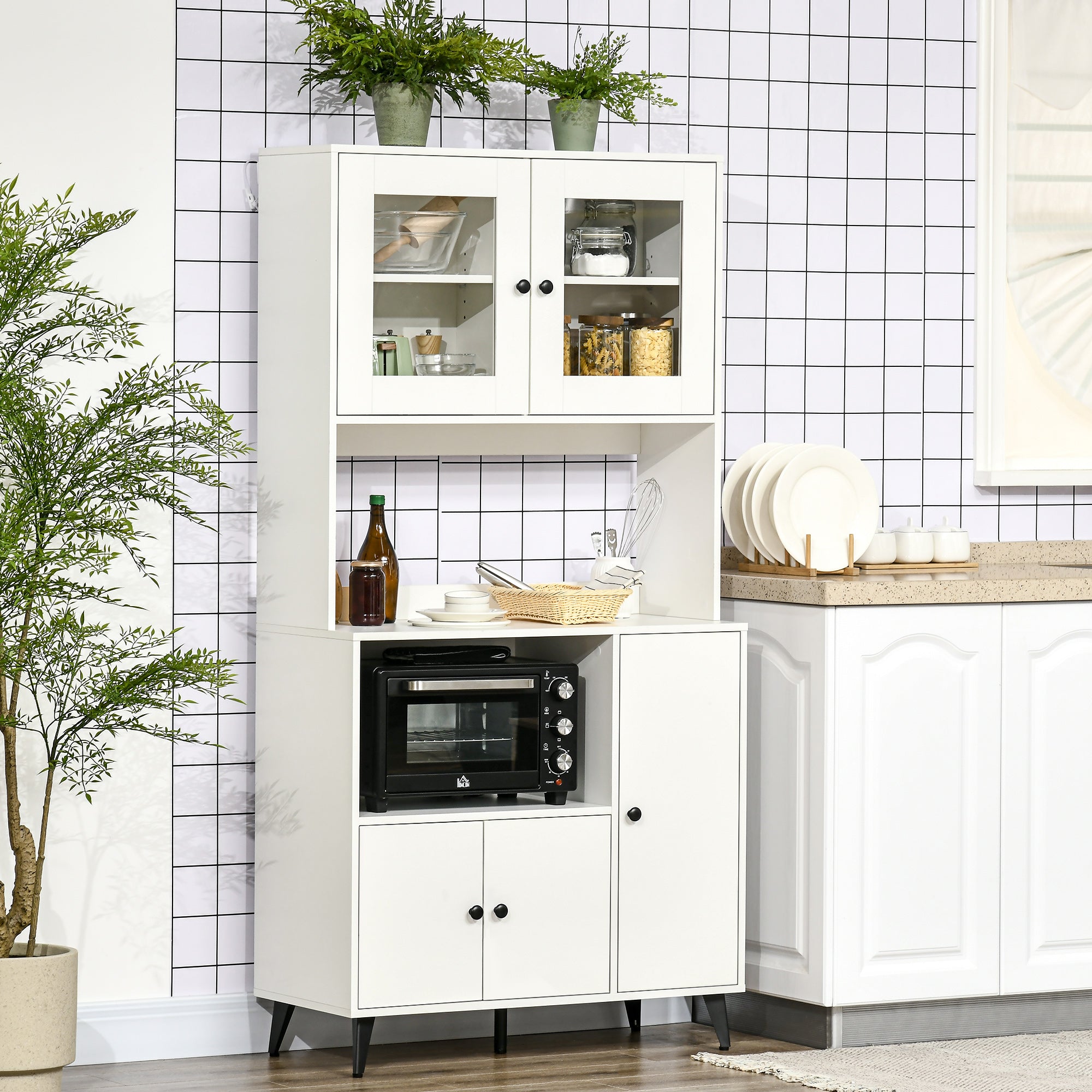 HOMCOM Freestanding Kitchen Cupboard, Modern Kitchen Storage Cabinet with Doors and Adjustable Shelves, 180cm, White - North Peak Garden Furniture