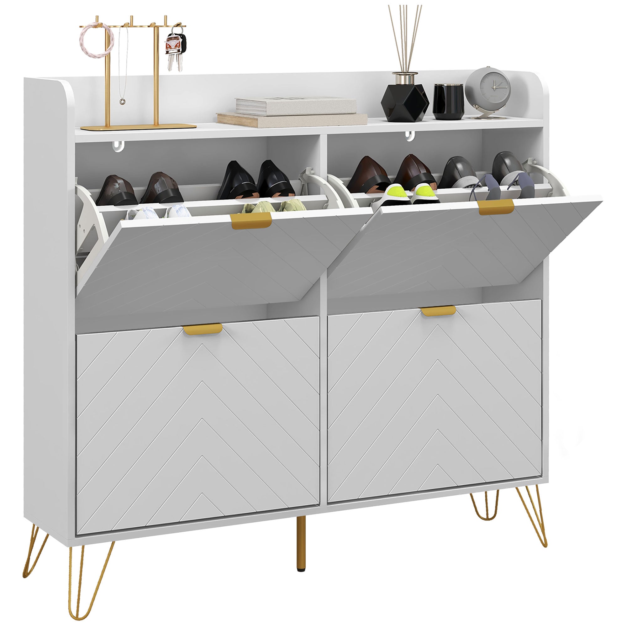 HOMCOM Narrow Shoe Storage Cabinet, Slim Shoe Cupboard with 4 Flip Drawers, Adjustable Shelf, Shoe Rack for 16 Pairs of Shoes - North Peak Garden Furniture