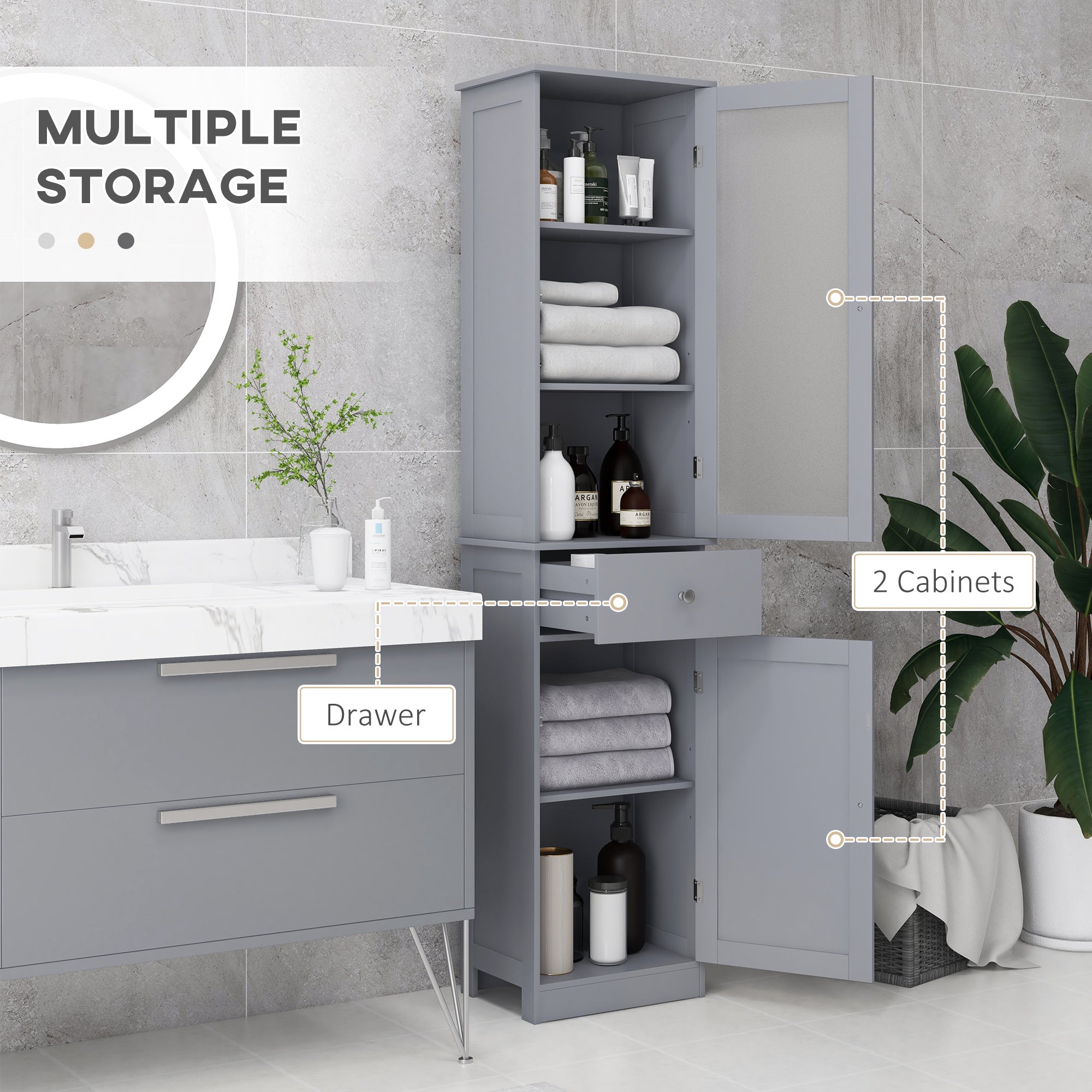 kleankin Bathroom Storage Cabinet with 3-tier Shelf Drawer Door, Floor Cabinet Free Standing Tall Slim Side Organizer Shelves, Grey - North Peak Garden Furniture