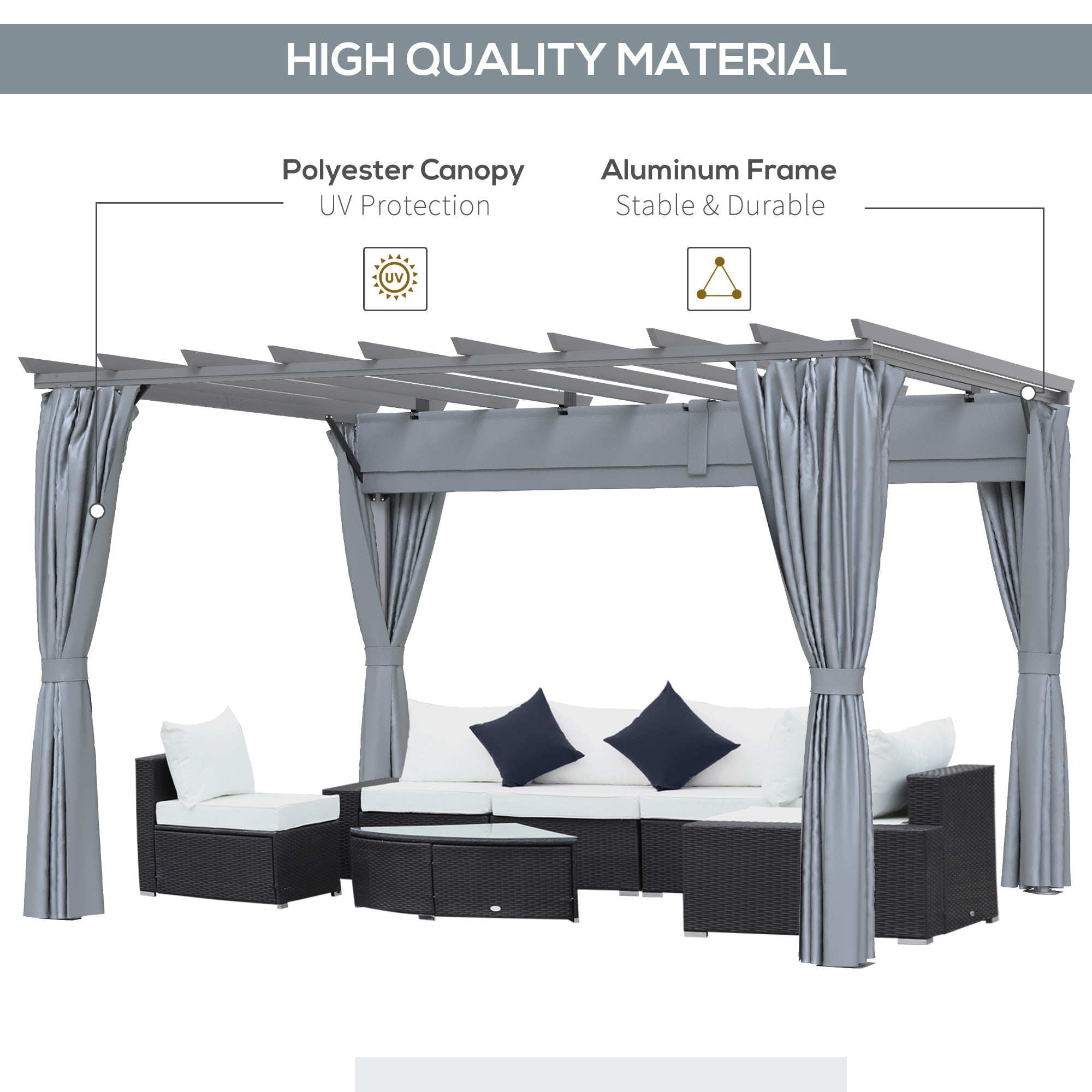 Outsunny 3.6 x 3(m) Outdoor Pergola with Retractable Roof and Curtains, Garden Gazebo Canopy Sun Shade Shelter with Aluminum Frame, Dark Grey - North Peak Garden Furniture