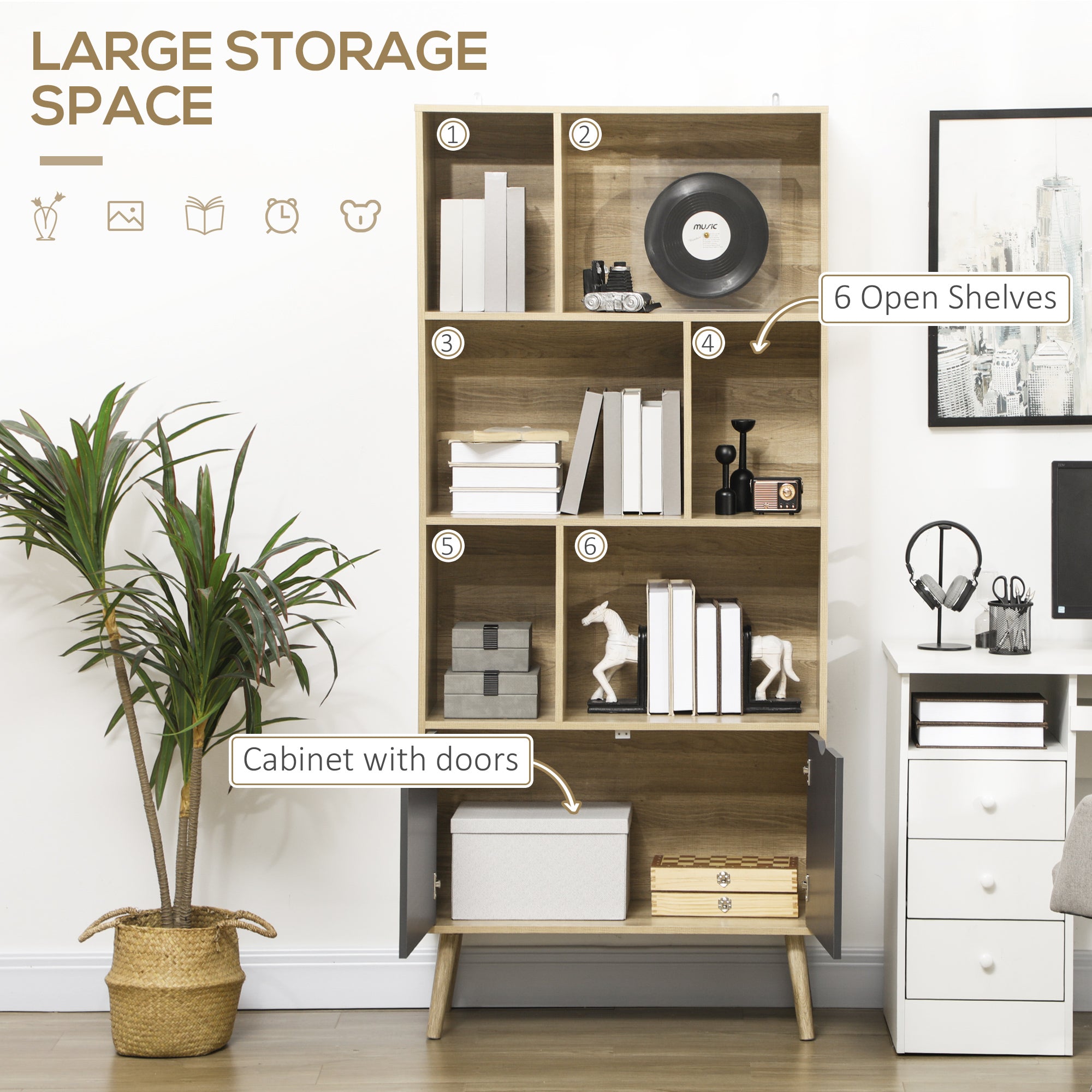 HOMCOM Modern Bookcase with Bottom Cabinet and 6 Open Shelves, Freestanding Bookshelf for Study Living Room Home Office, Natural and Dark Grey - North Peak Garden Furniture