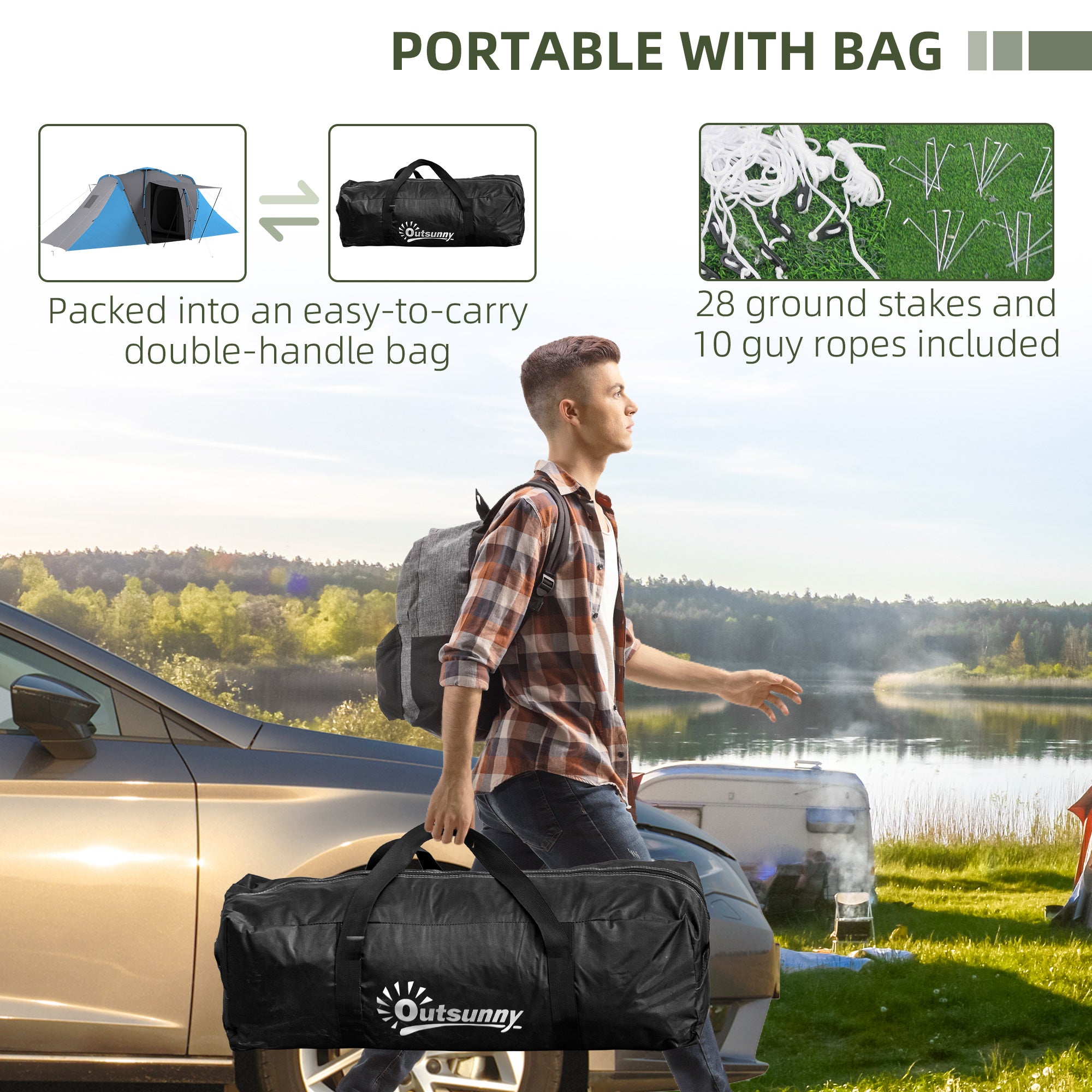 Outsunny Large Camping Tent Tunnel Tent with 2 Bedroom and Living Area, 2000mm Waterproof, Portable with Bag for 4-6 Man, Blue - North Peak Garden Furniture