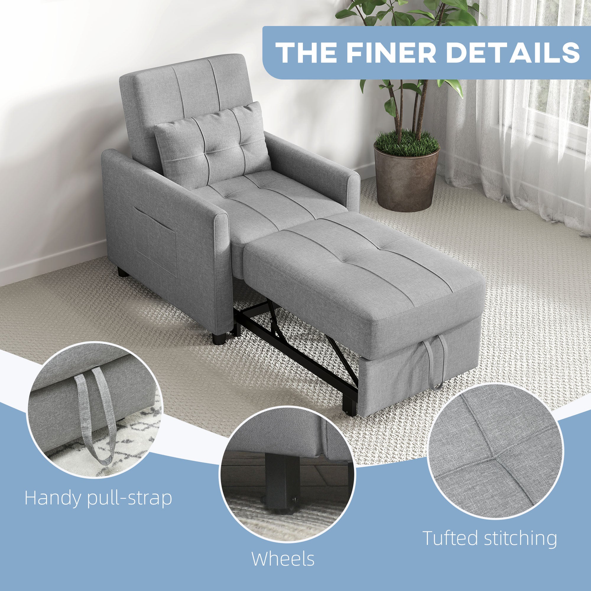 HOMCOM 3-In-1 Convertible Chair Bed, Pull Out Sleeper Chair with Adjustable Backrest, Side Pockets, Light Grey - North Peak Garden Furniture