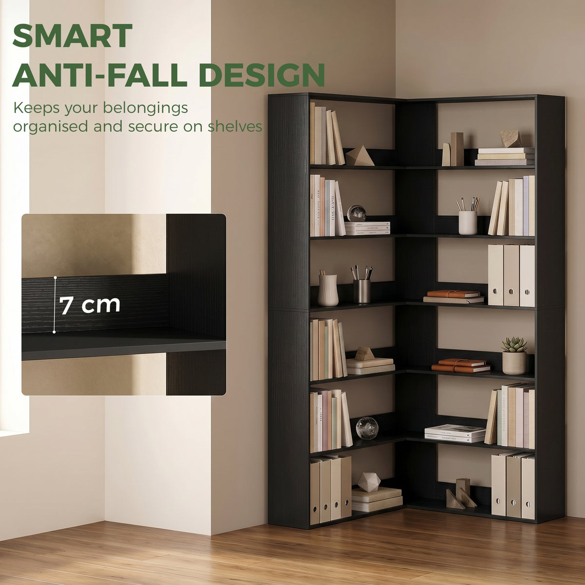 HOMCOM 7 Tiers Bookshelf, L-Shaped Corner Bookcase with Anti-Slip Rear Guard, Black Wood Effect