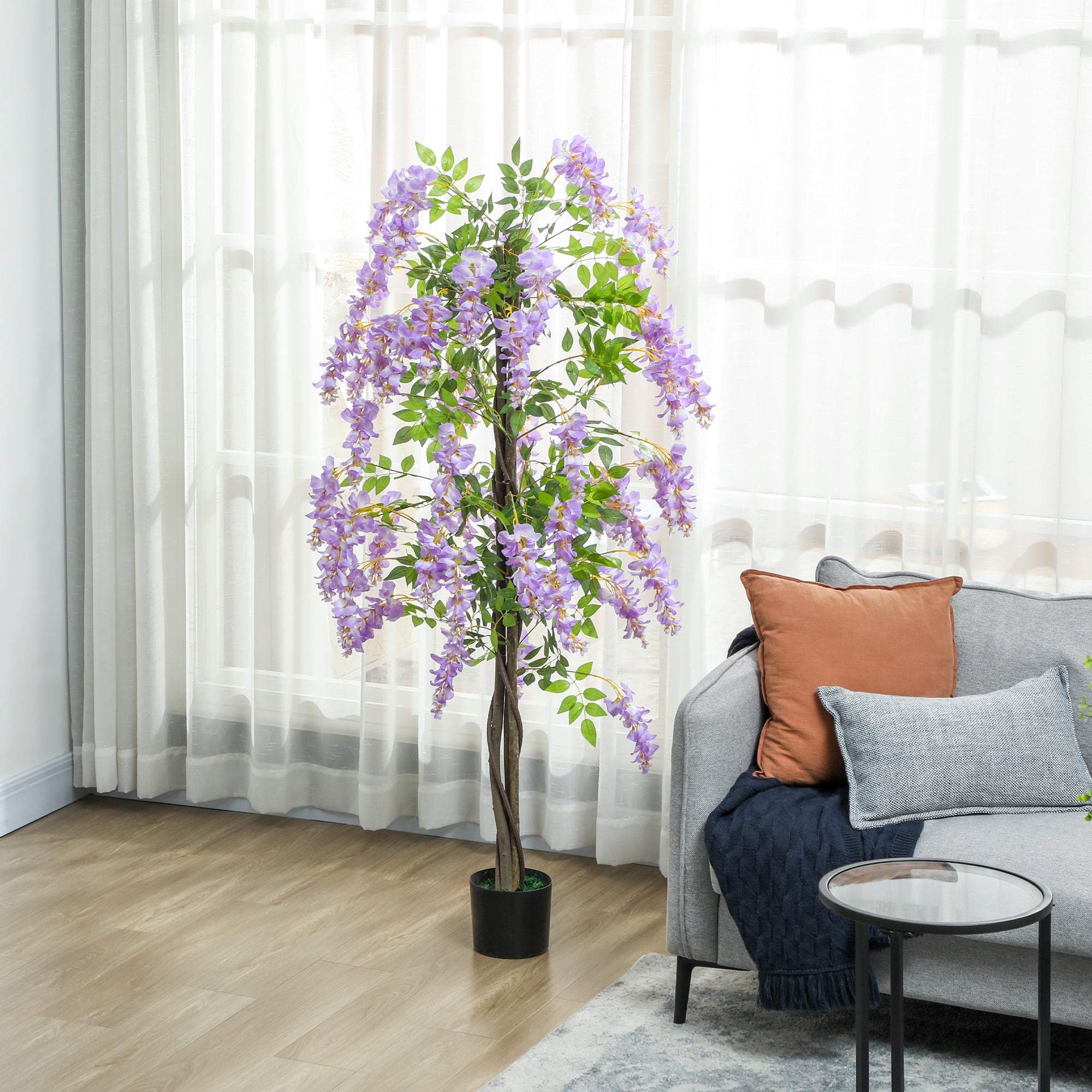 HOMCOM Artificial Wisteria Flower, Tall Fake Plant with 756 Leaves and 54 Flowers in Pot, Decorative Artificial Plant for Home Indoor Decor, 180 cm, Purple - North Peak Garden Furniture