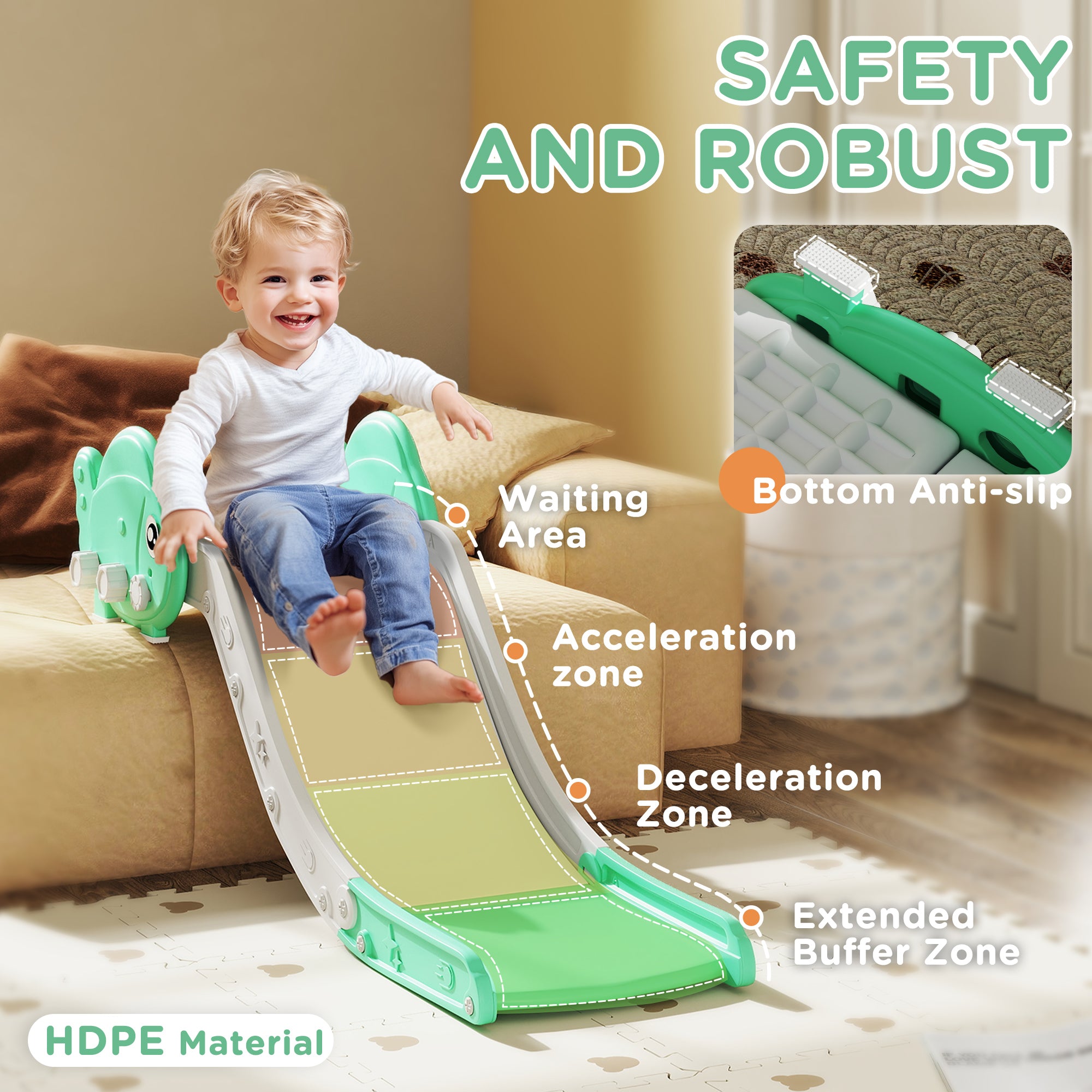 AIYAPLAY Kids Sofa Slide with 130cm Extended Length, HDPE Toddler Slide for Sofa, Bed, Stairs, Easy Assemble & Storage, Green - North Peak Garden Furniture