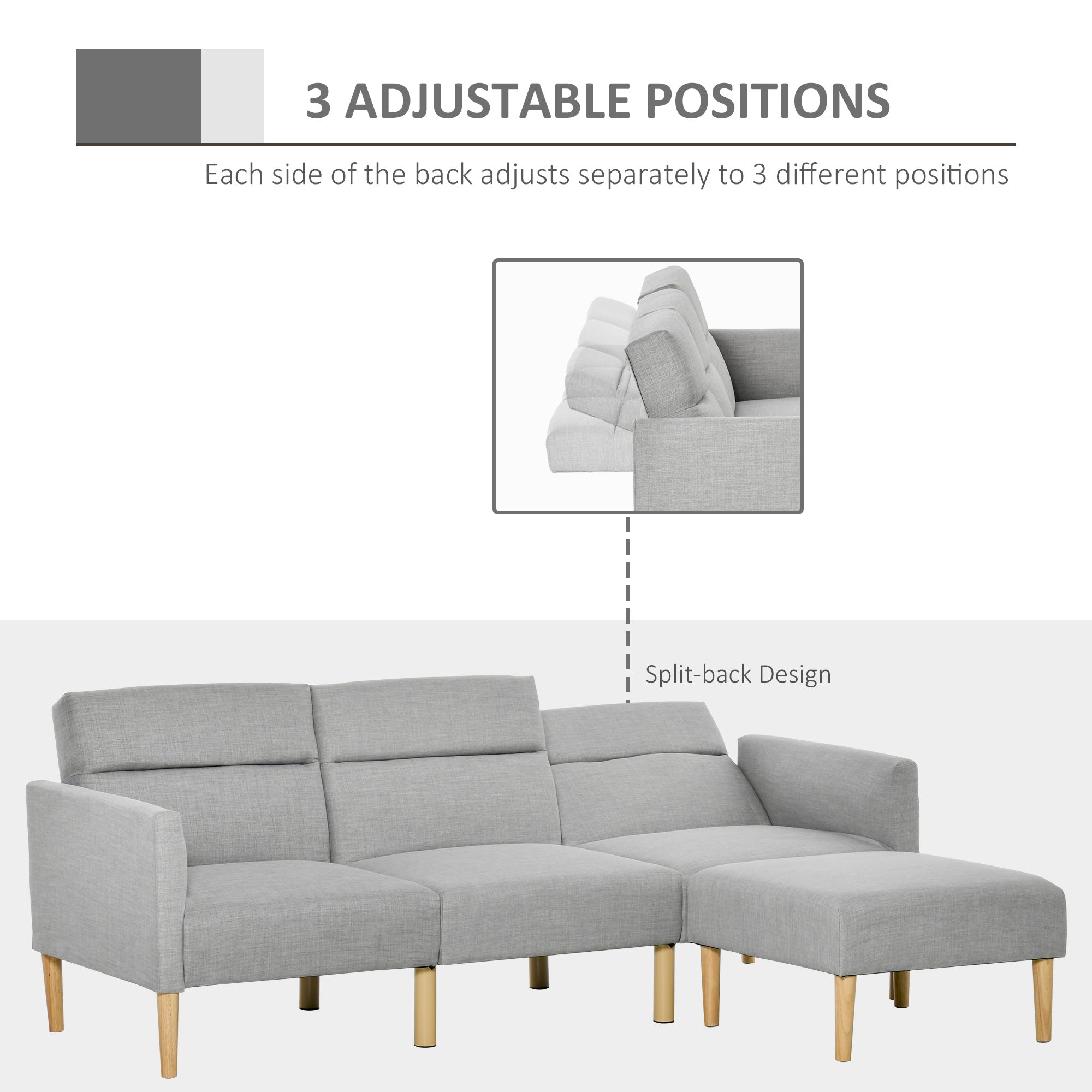 HOMCOM L Shape Sofa Bed Set, Linen Fabric Corner Sofa Bed with Rubber Wood Legs and Footstool, Light Grey