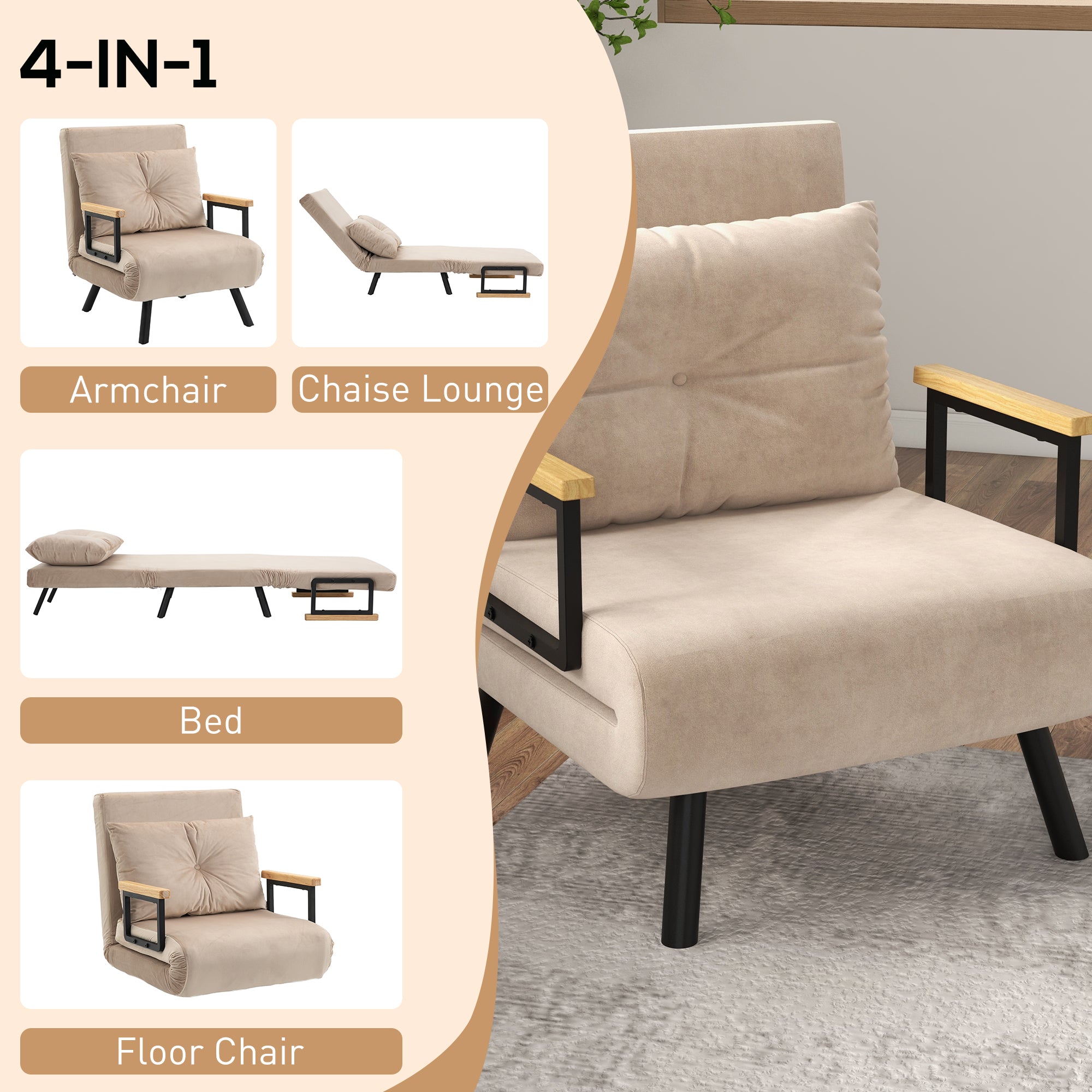HOMCOM 4-in-1 Velvet-Feel Single Chair Bed, with Pillow - Beige - North Peak Garden Furniture