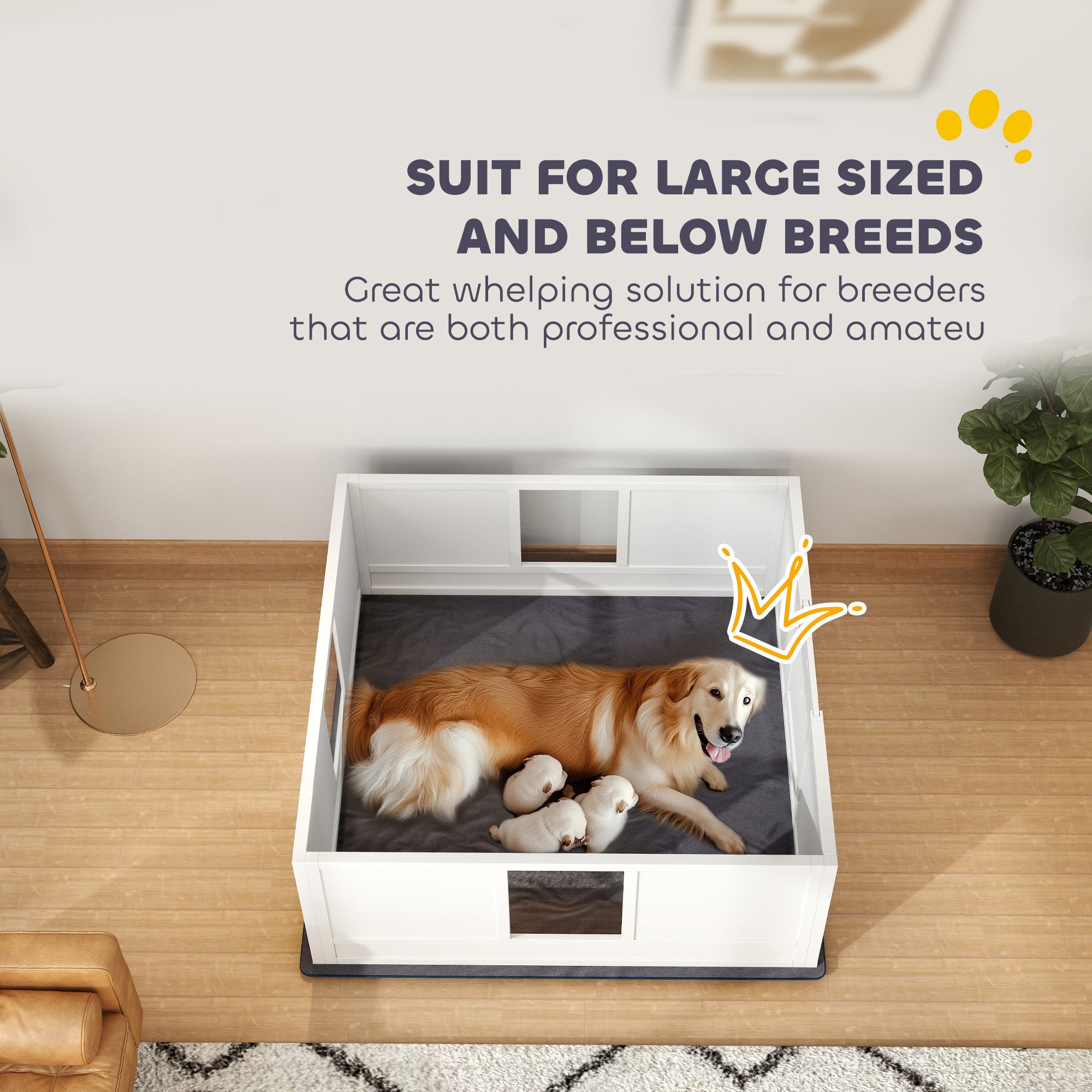 PawHut Whelping Box for Dogs with Whelping Pad, Adjustable Entrance, Non-slip Foot Pads, for Large Dogs, 124 x 120cm - North Peak Garden Furniture