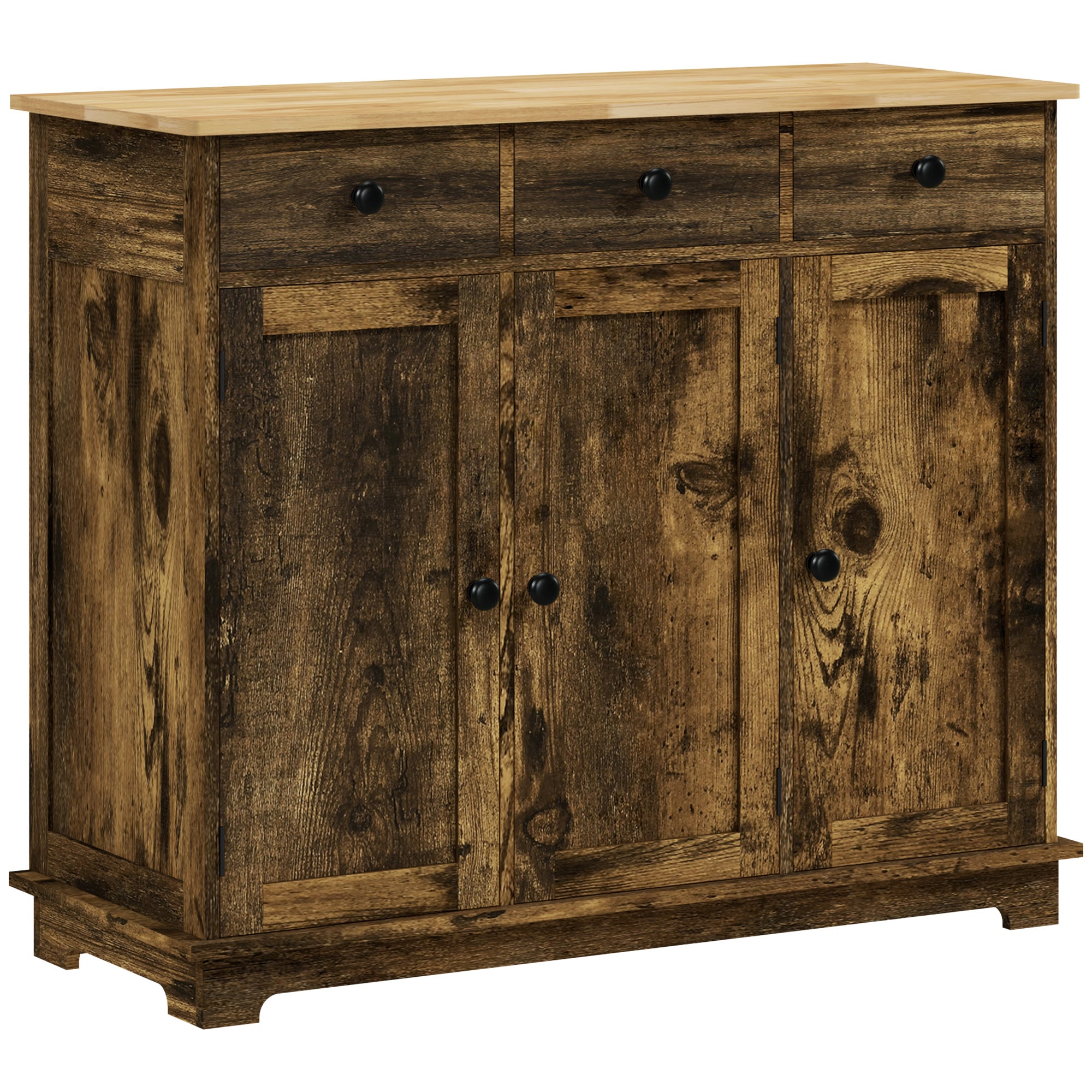 HOMCOM Sideboard with Rubberwood Top and Adjustable Shelves for Dining Room, Kitchen - Rustic Brown - North Peak Garden Furniture