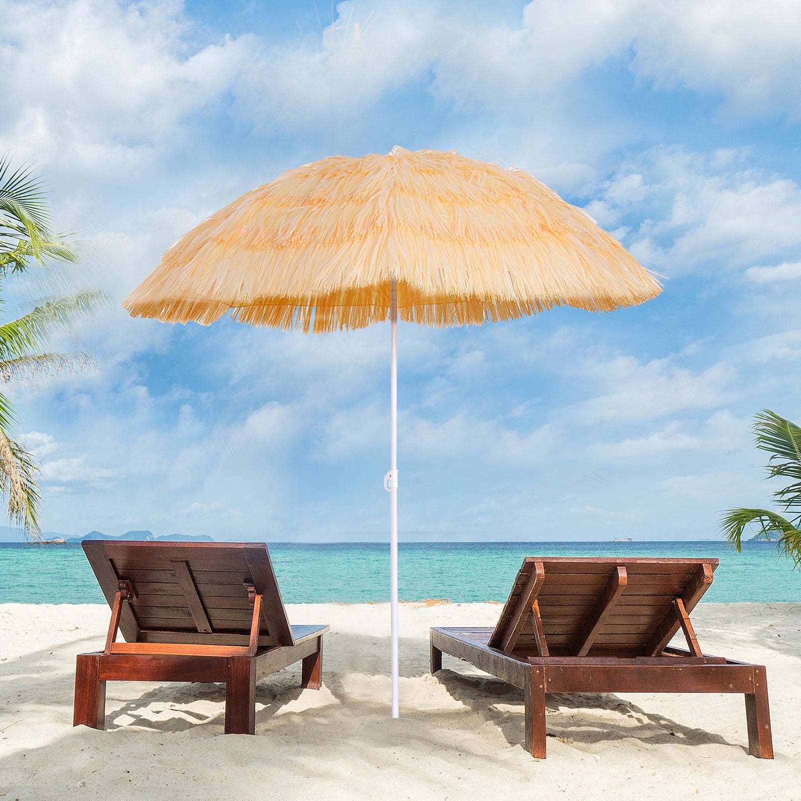 Outsunny 1.6m Patio Garden Hawaii Beach Sun Umbrella Sunshade Hawaiian Folding Tilting Crank Parasol (Wheat) - North Peak Garden Furniture