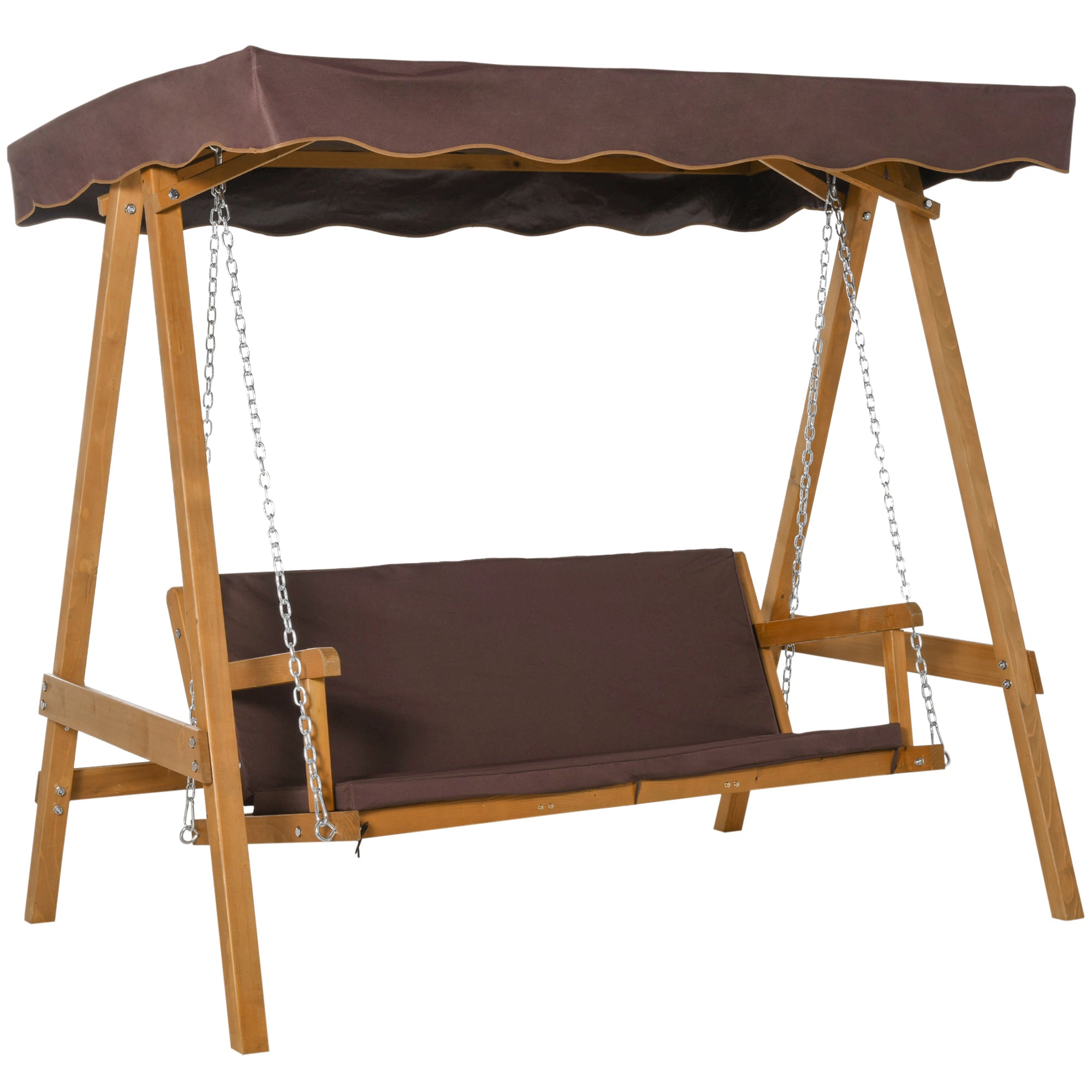 Outsunny 3 Seater Garden Swing Seat Outdoor Swing Chair with Adjustable Canopy, Wooden Hammock Bench with Padded Cushions for Patio Yard, Brown - North Peak Garden Furniture