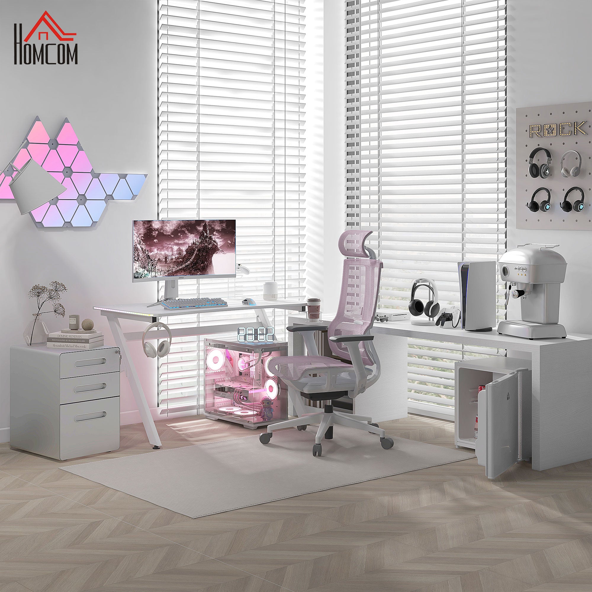 HOMCOM RGB 120 x 66cm Gaming Desk, Computer Table with Carbon Fibre Surface, Headphone Hook, Cup Holder, Controller Rack, Home Office Desk, White - North Peak Garden Furniture