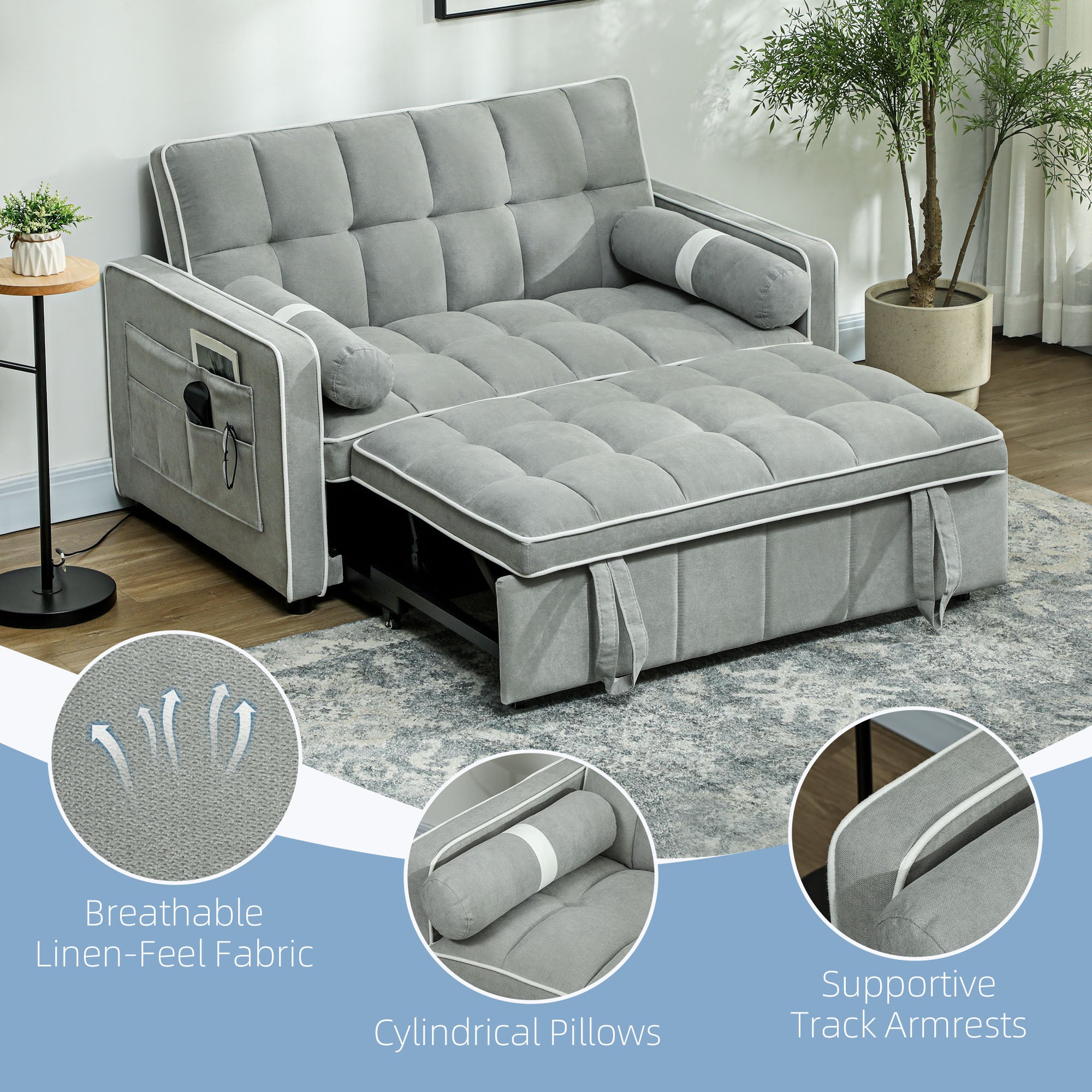 HOMCOM Two-Seater Linen-Look Sofa Bed - Light Grey - North Peak Garden Furniture