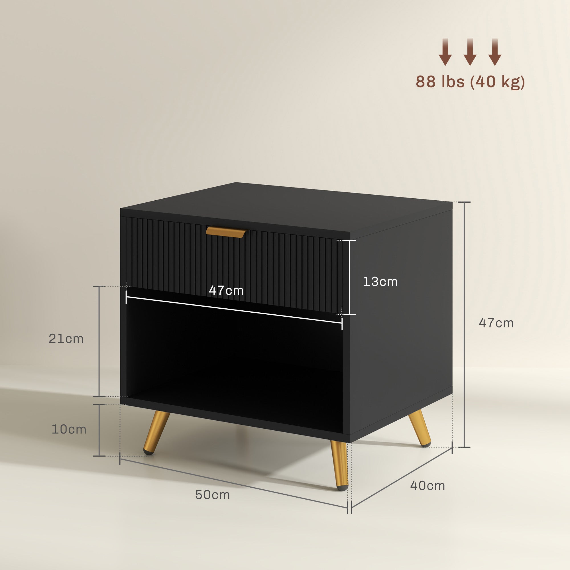 HOMCOM Elegant Bedside Table, with Drawer and Shelf - Black/Gold Tone - North Peak Garden Furniture