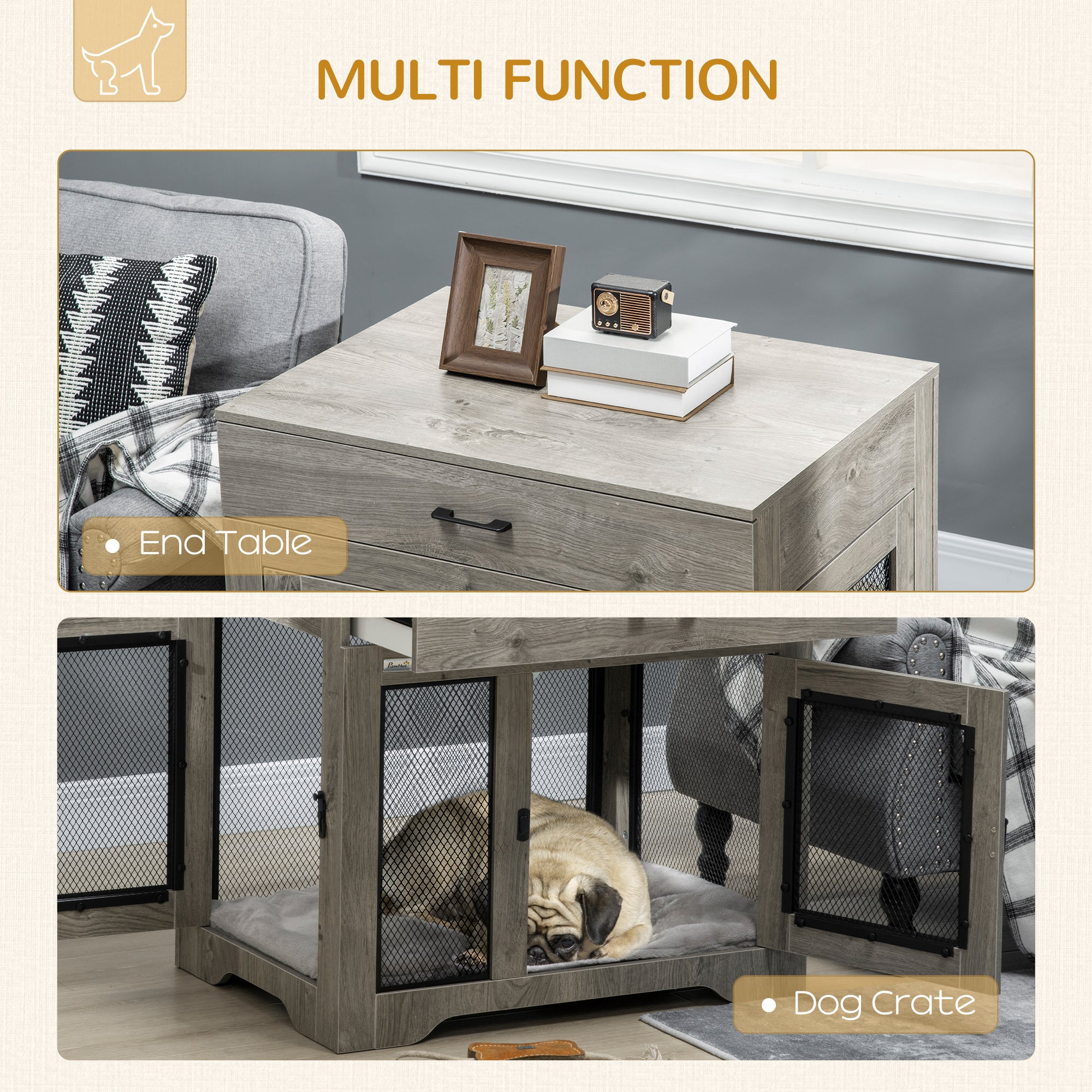 PawHut Dog Cage End Table with Two Doors, Drawer, for Medium Dogs - Grey - North Peak Garden Furniture