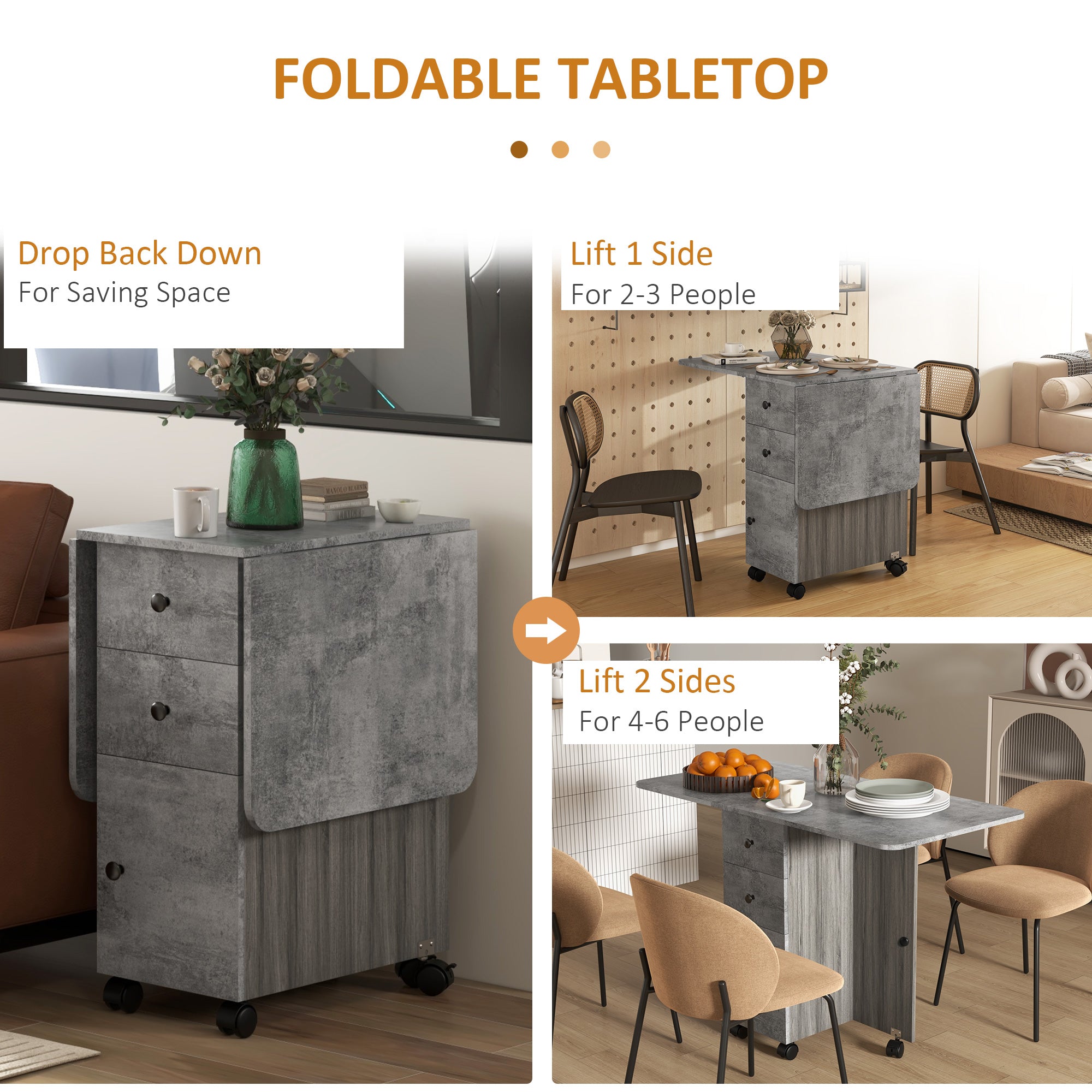 HOMCOM Multi-Storage Six-Person Drop Leaf Dining Table - Mixed Grey - North Peak Garden Furniture